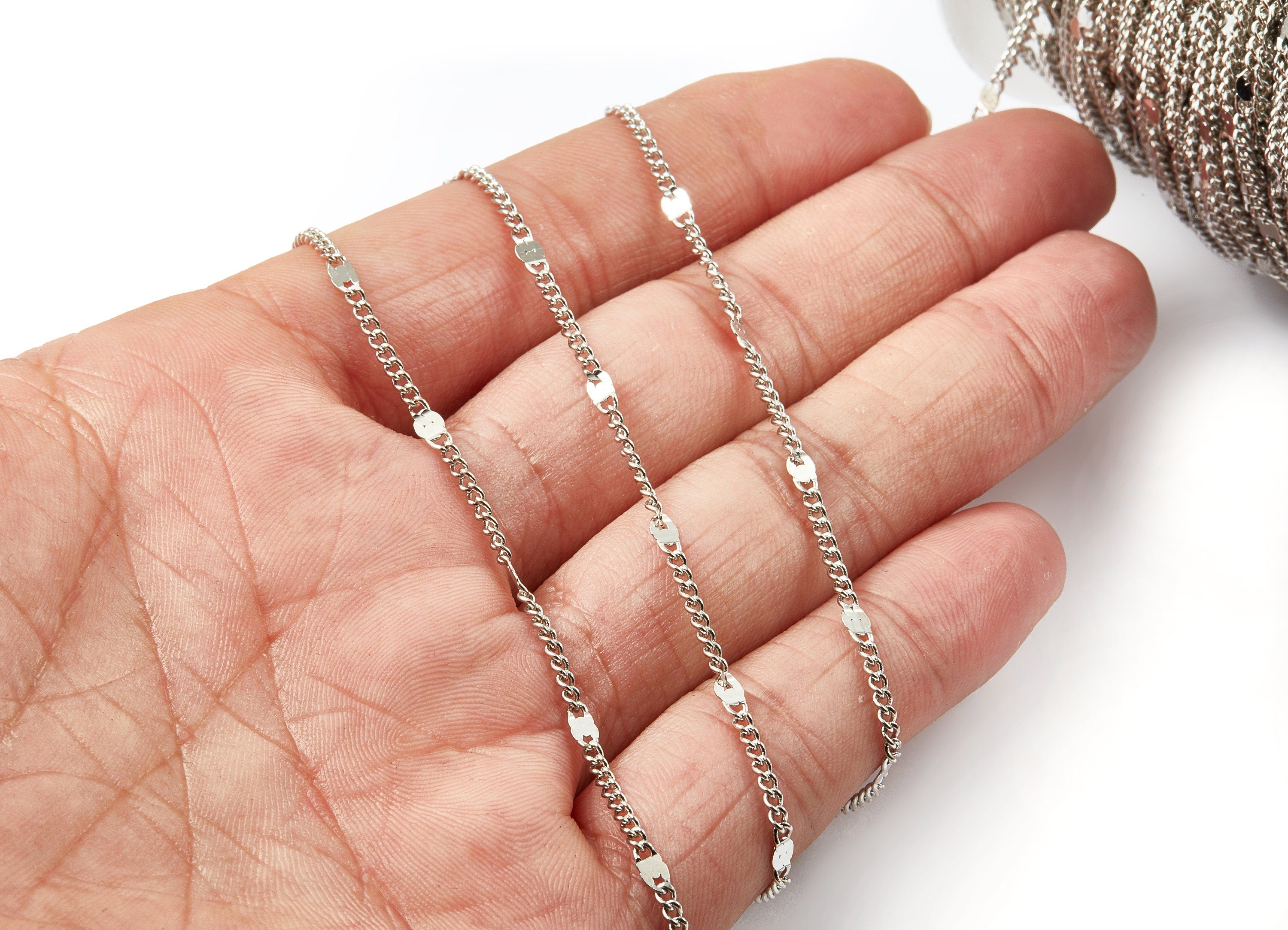 Hammered Satellite Curb Chain - Brass Chain - Silver Tone Plated Chain - Soldered Chain - 0.11" x 0.08" x 0.11" - CC1106S - DOMEDBAZAAR