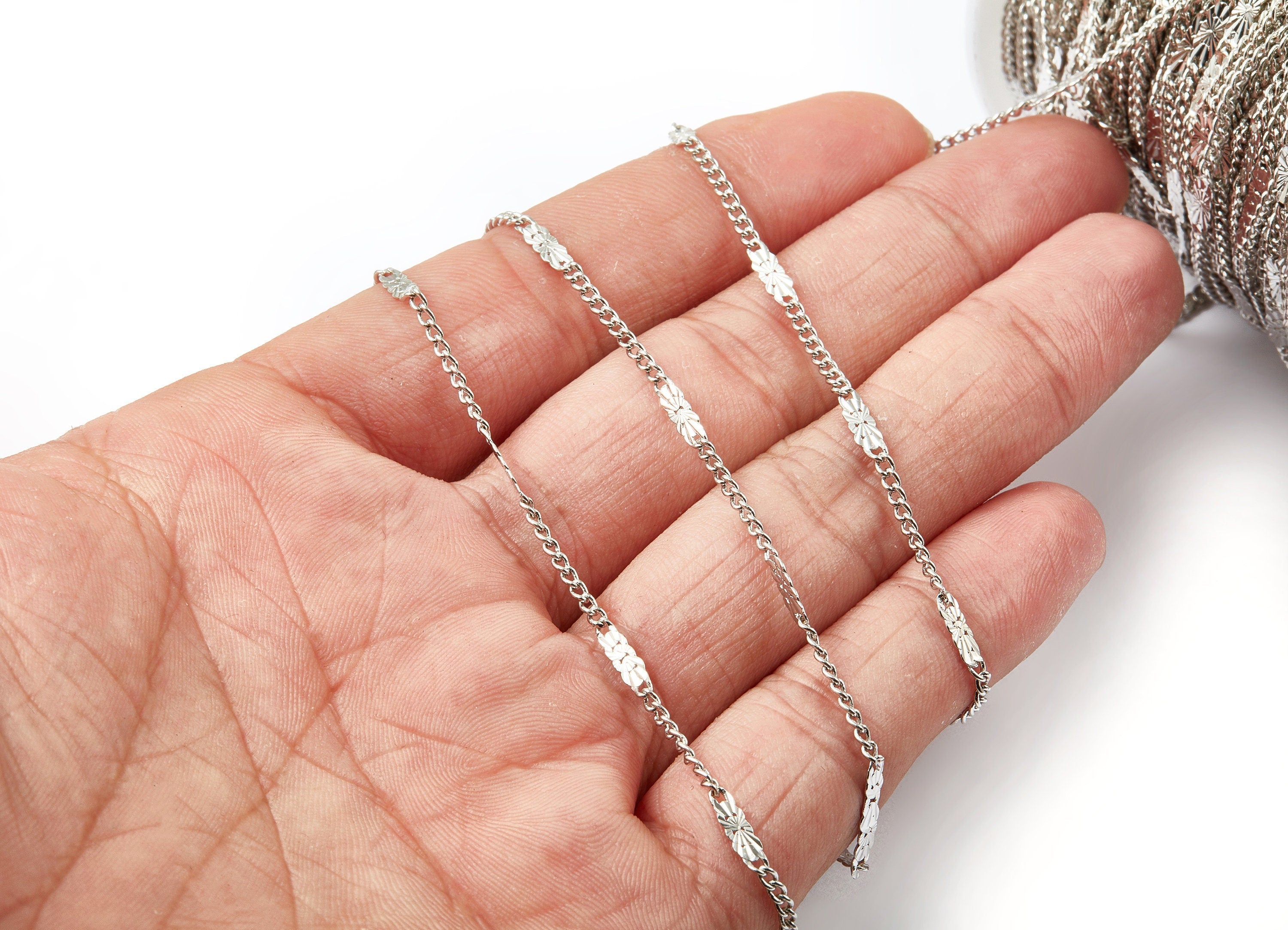 Hammered Satellite Curb Chain - Brass Chain - Silver Tone Plated Chain - Soldered Chain - 0.10" x 0.07" x 0.11" - CC1108S - DOMEDBAZAAR