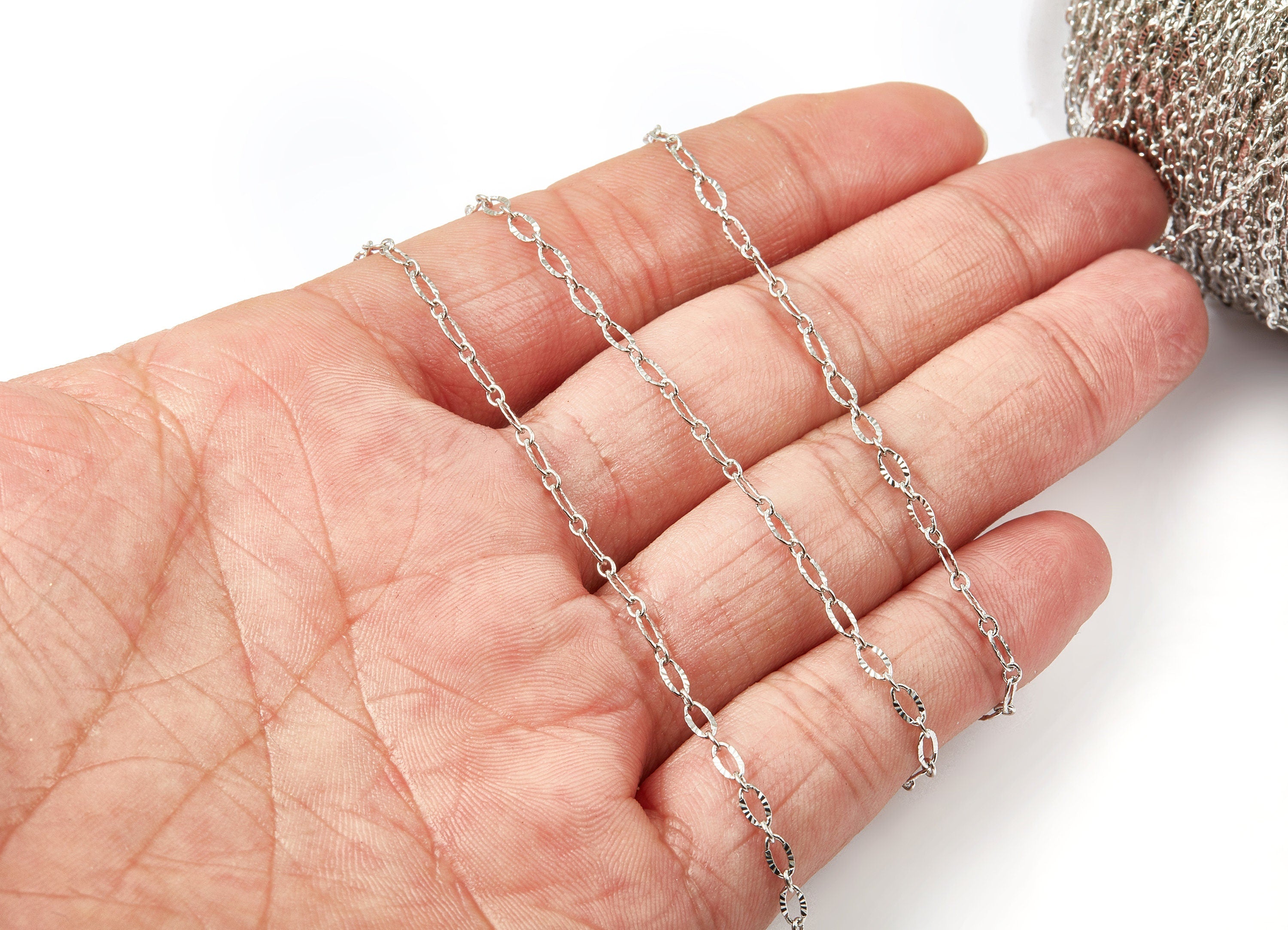 Textured Cable Chain - Hammered Chain - Silver Tone Plated - Flat Chain - Soldered - 0.19" x 0.10" x 0.01" - Jewellery Making - CC1094S - DOMEDBAZAAR