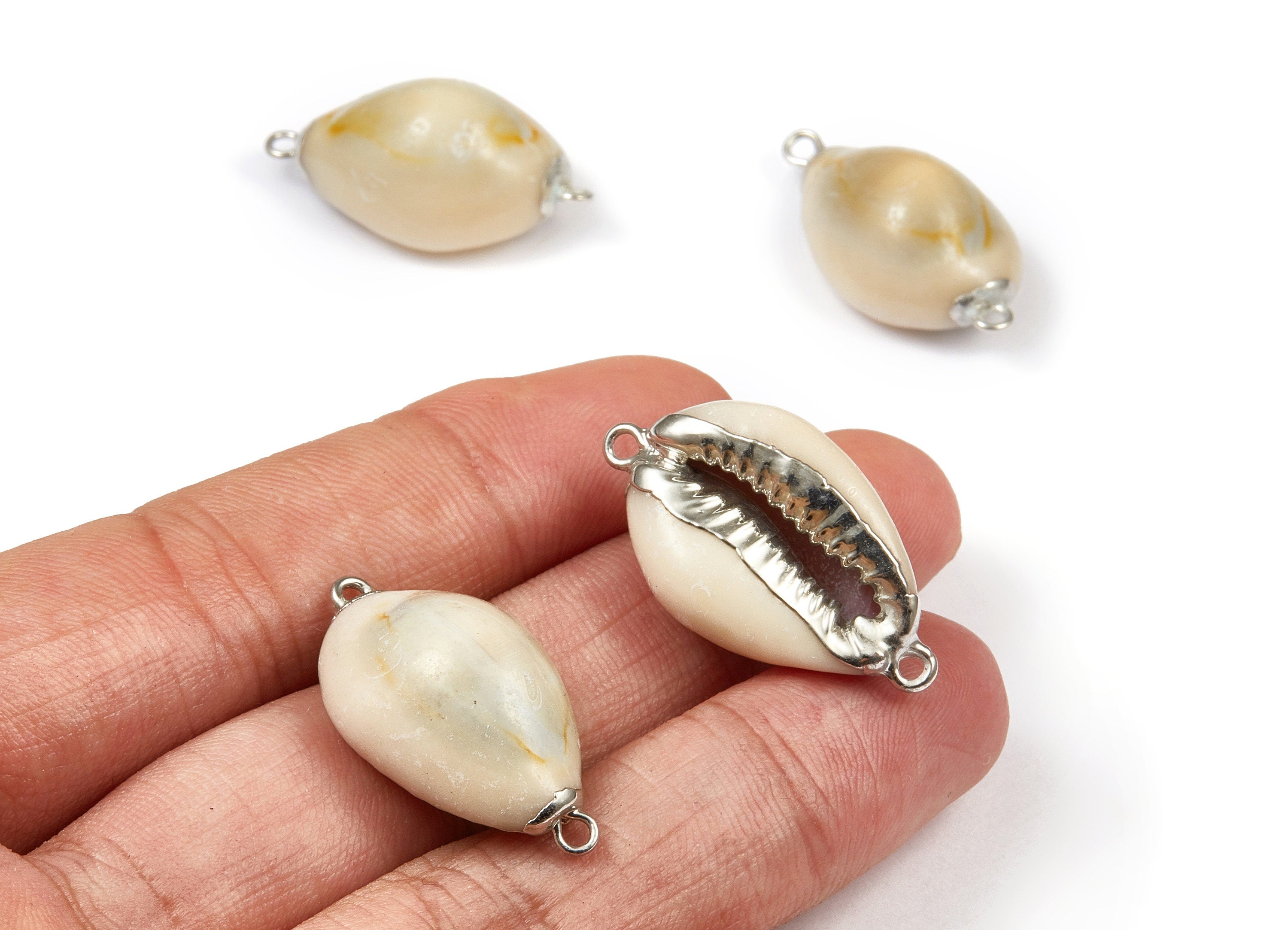 Cowrie Seashell Connector - Mussel Shell Earrings and Pendant - Silver Tone Plated Earrings - 2 Hole - 29.16x15.89x11.34mm - SF1057 - DOMEDBAZAAR