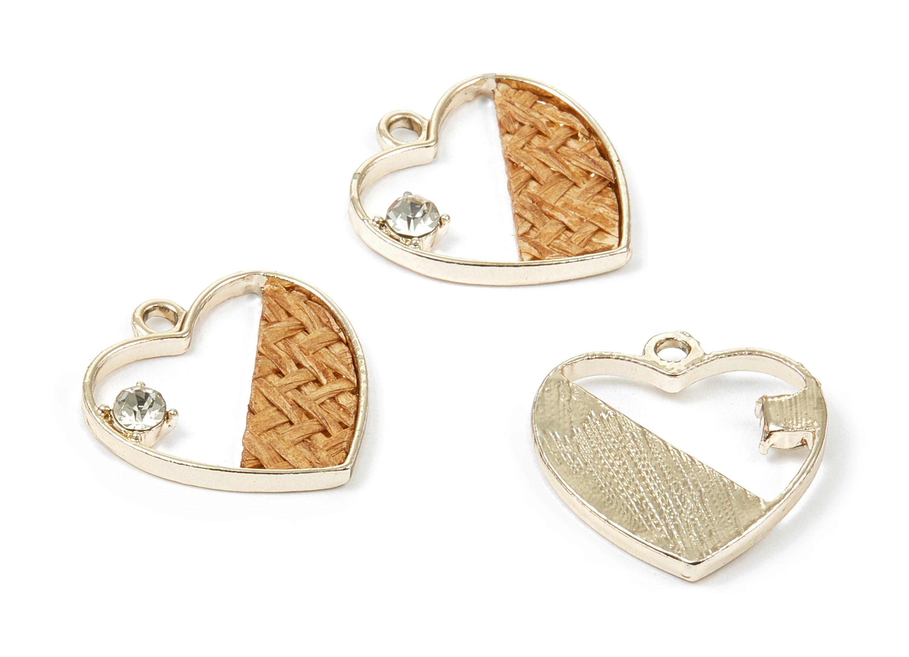 Handwoven Heart Rattan Charms - Alloy Heart Earrings and Pendant - Handwoven Alloy Earrings - Gold Tone Plated - 24.58x23.43x2.11mm - RT1272 - DOMEDBAZAAR