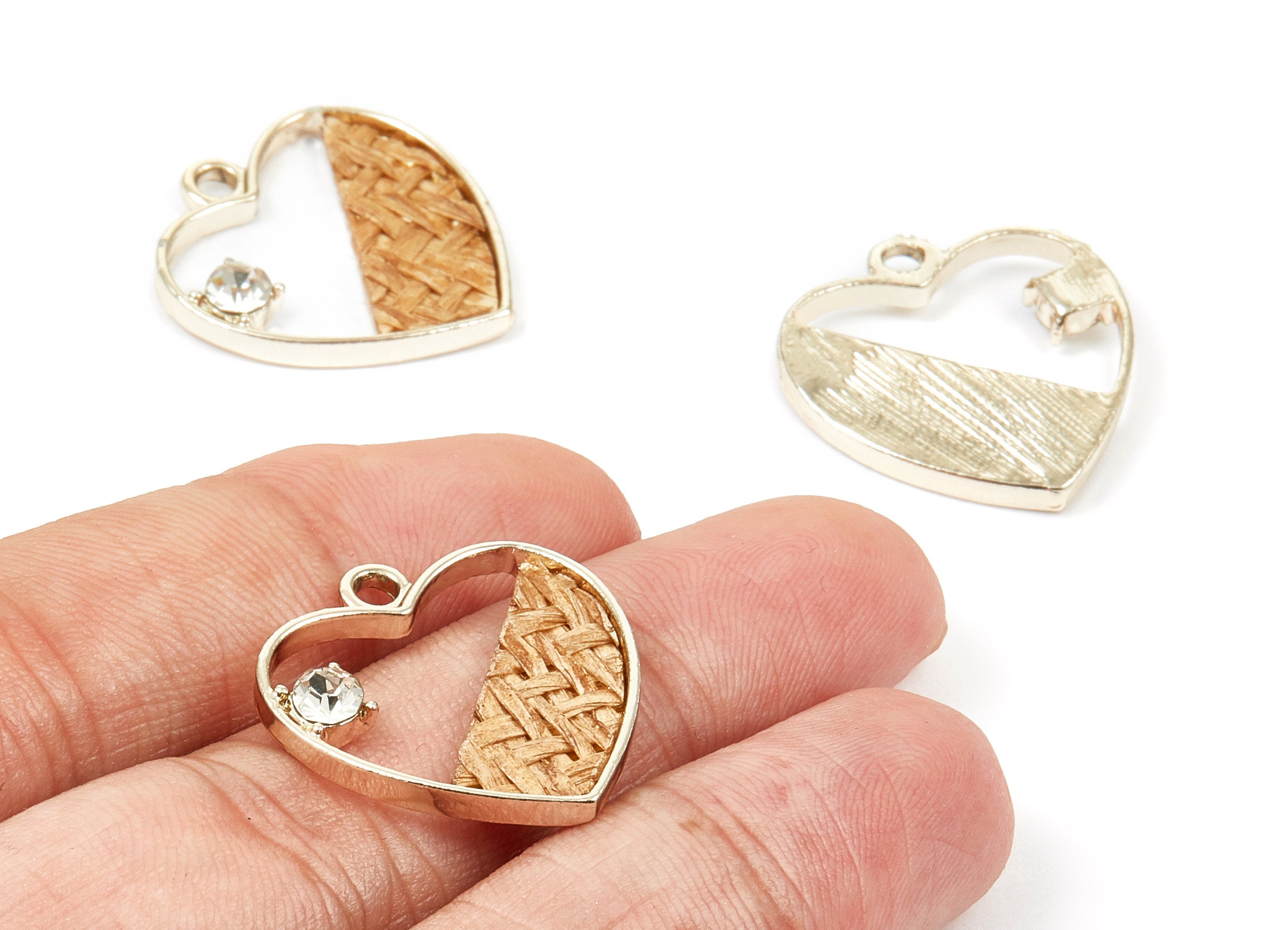Handwoven Heart Rattan Charms - Alloy Heart Earrings and Pendant - Handwoven Alloy Earrings - Gold Tone Plated - 24.58x23.43x2.11mm - RT1272 - DOMEDBAZAAR