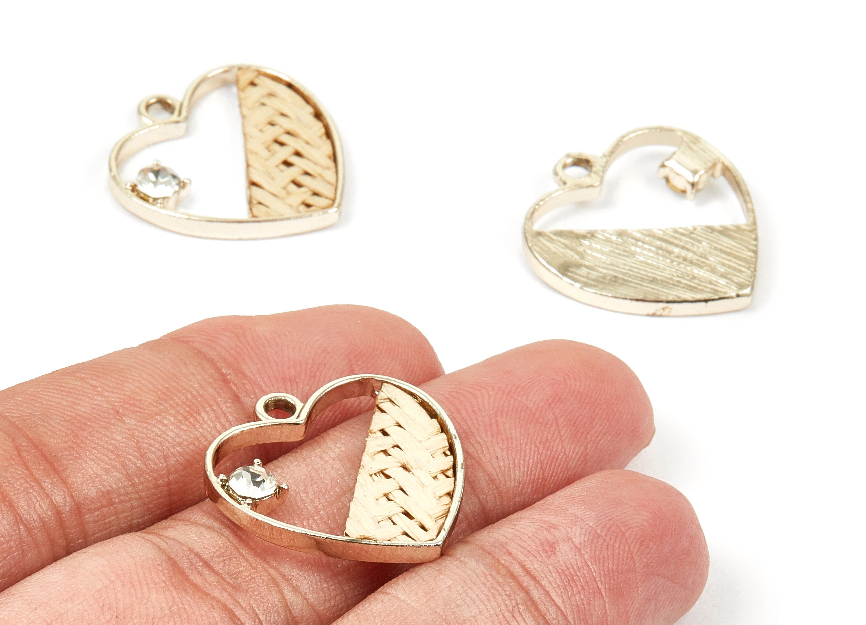 Handwoven Heart Rattan Charms - Alloy Heart Earrings and Pendant - Handwoven Alloy Earrings - Gold Tone Plated - 24.58x23.43x2.11mm - RT1271 - DOMEDBAZAAR