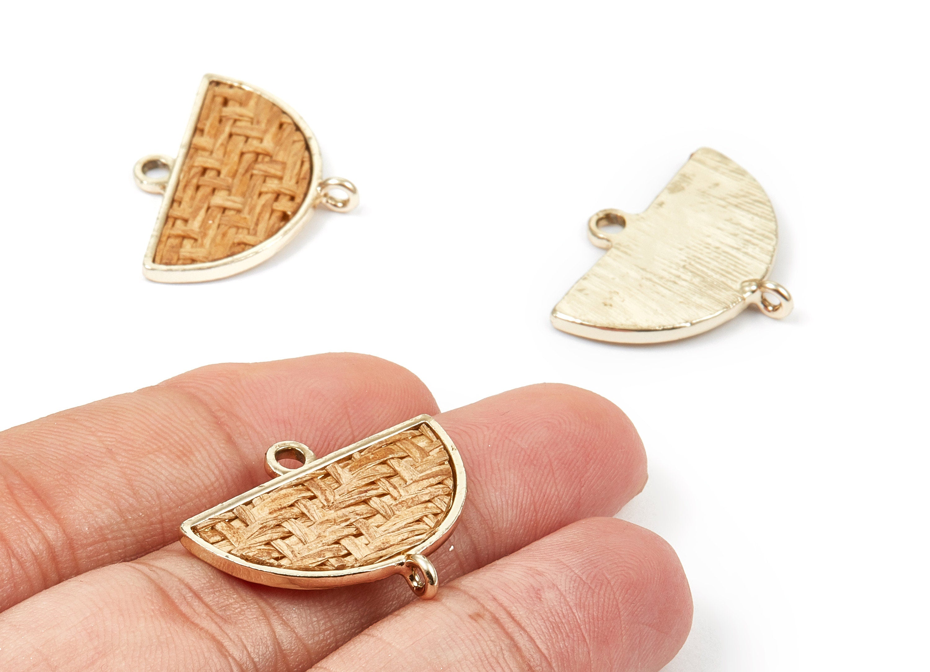 Handwoven Semicircle Rattan Charms - Alloy Semicircle Earrings and Pendant - Gold Tone Plated - 28.26x22.54x1.8mm - RT1282 - DOMEDBAZAAR
