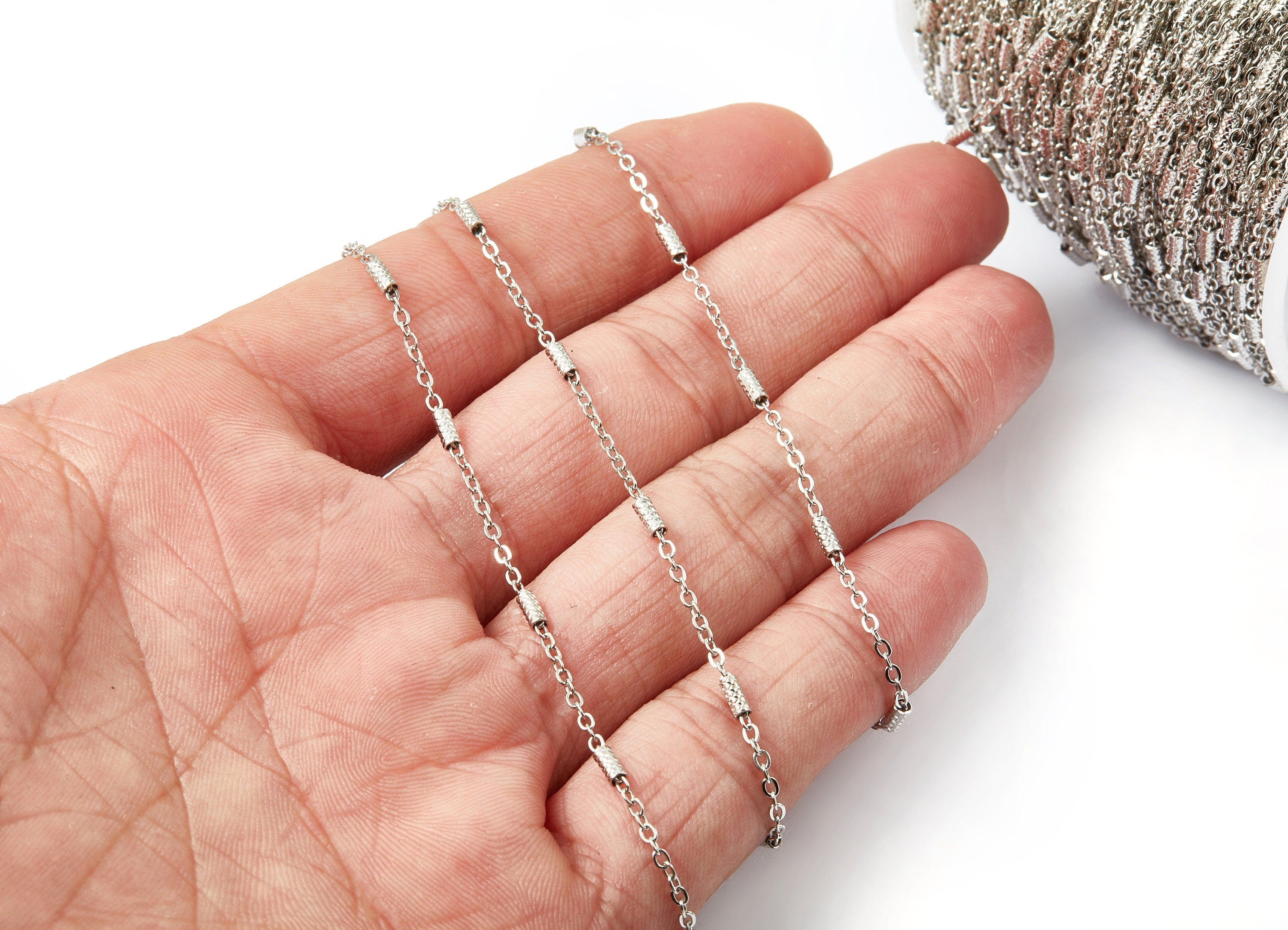 Bar Satellite Round Link Cable Chain - Iron Chain- Silver Tone Plated - Soldered - 0.08" x 0.06" x 0.08" -Jewellry Making - CC1112S - DOMEDBAZAAR