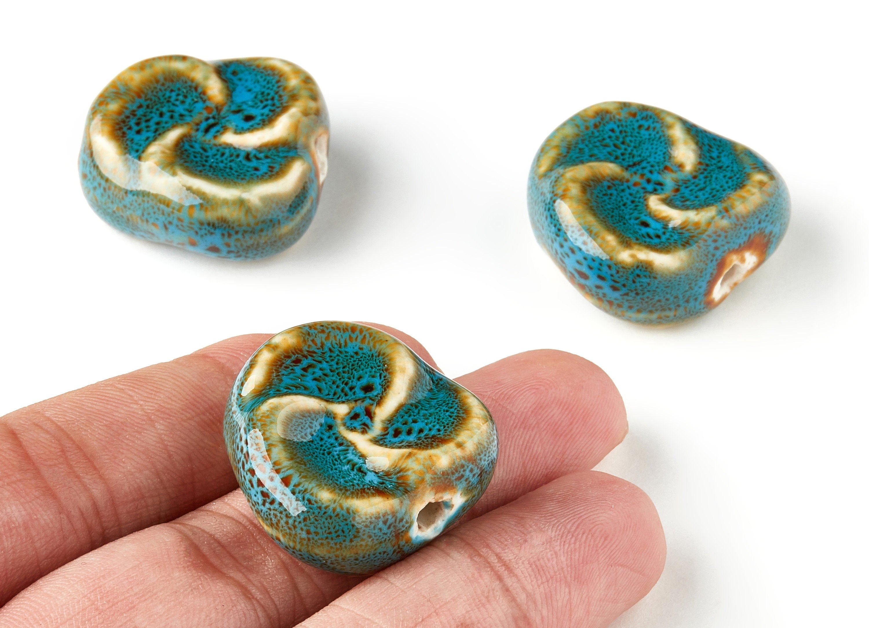 Glazed Ceramic Flower Beads - Carved Beads - Handmade Beads - Necklace Beads - Connectors Beads - 28.32x27.02x9.87mm - NS1031 - DOMEDBAZAAR