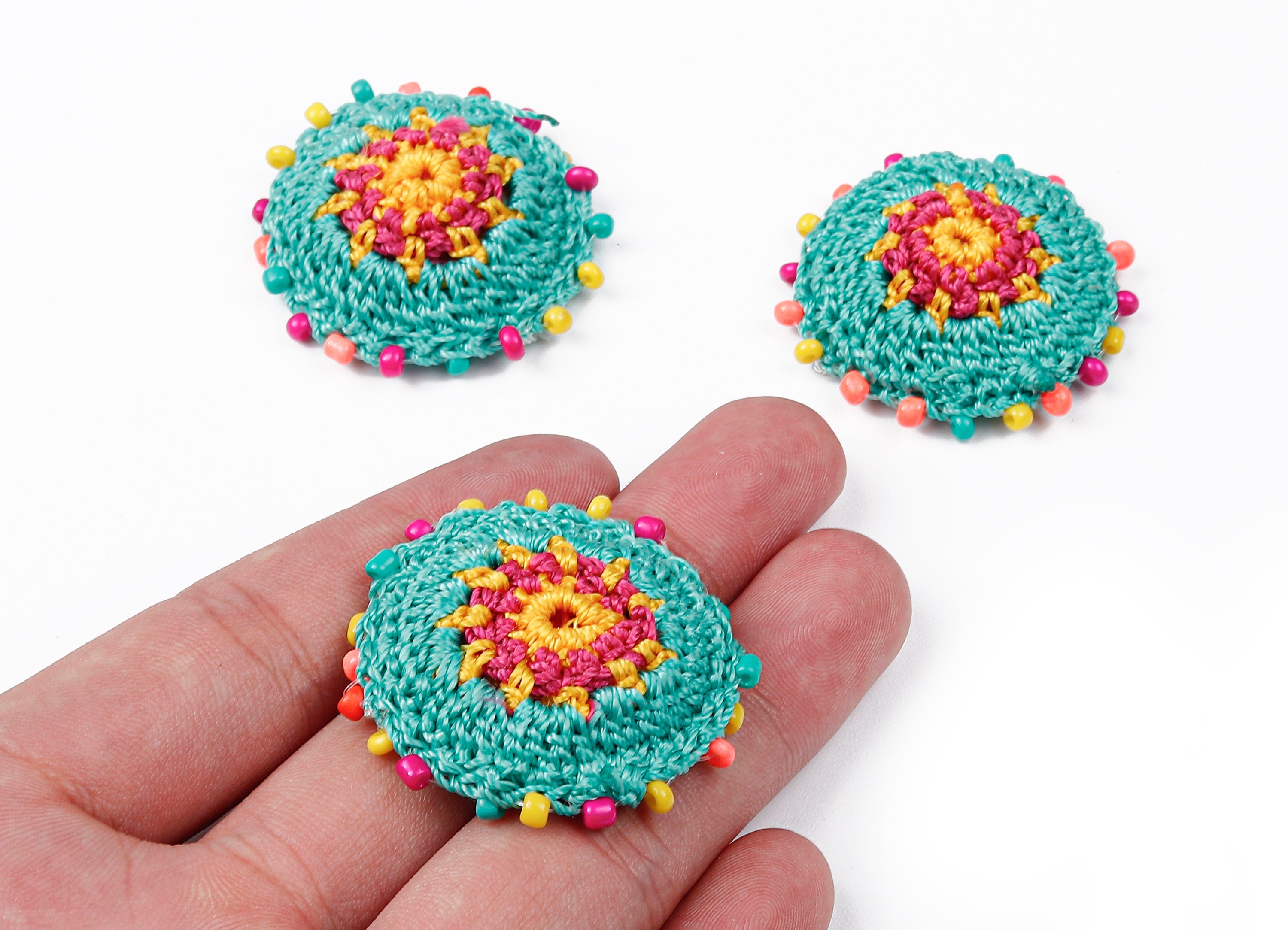 Crochet Round Earrings - Crochet Earrings with Beads - Knit weaving Earrings - Handmade Flower Earrings - 37.12x37.12x3.93mm - TS1073 - DOMEDBAZAAR