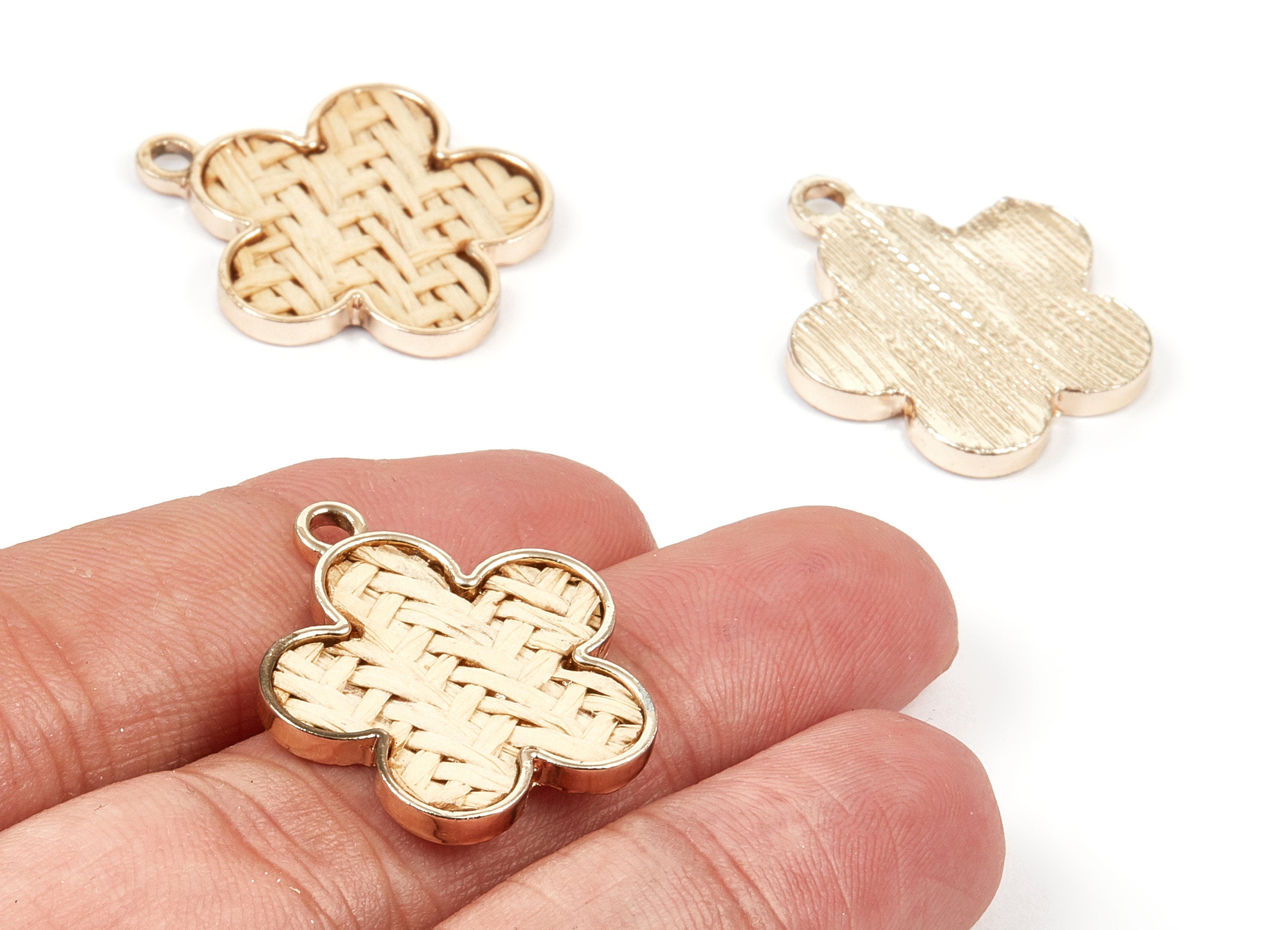 Handwoven Flower Rattan Charm - Alloy Flower Earring and Pendant - Handwoven Alloy Earrings - Gold Tone Plated - 26.76x22.94x2.45mm - RT1292 - DOMEDBAZAAR