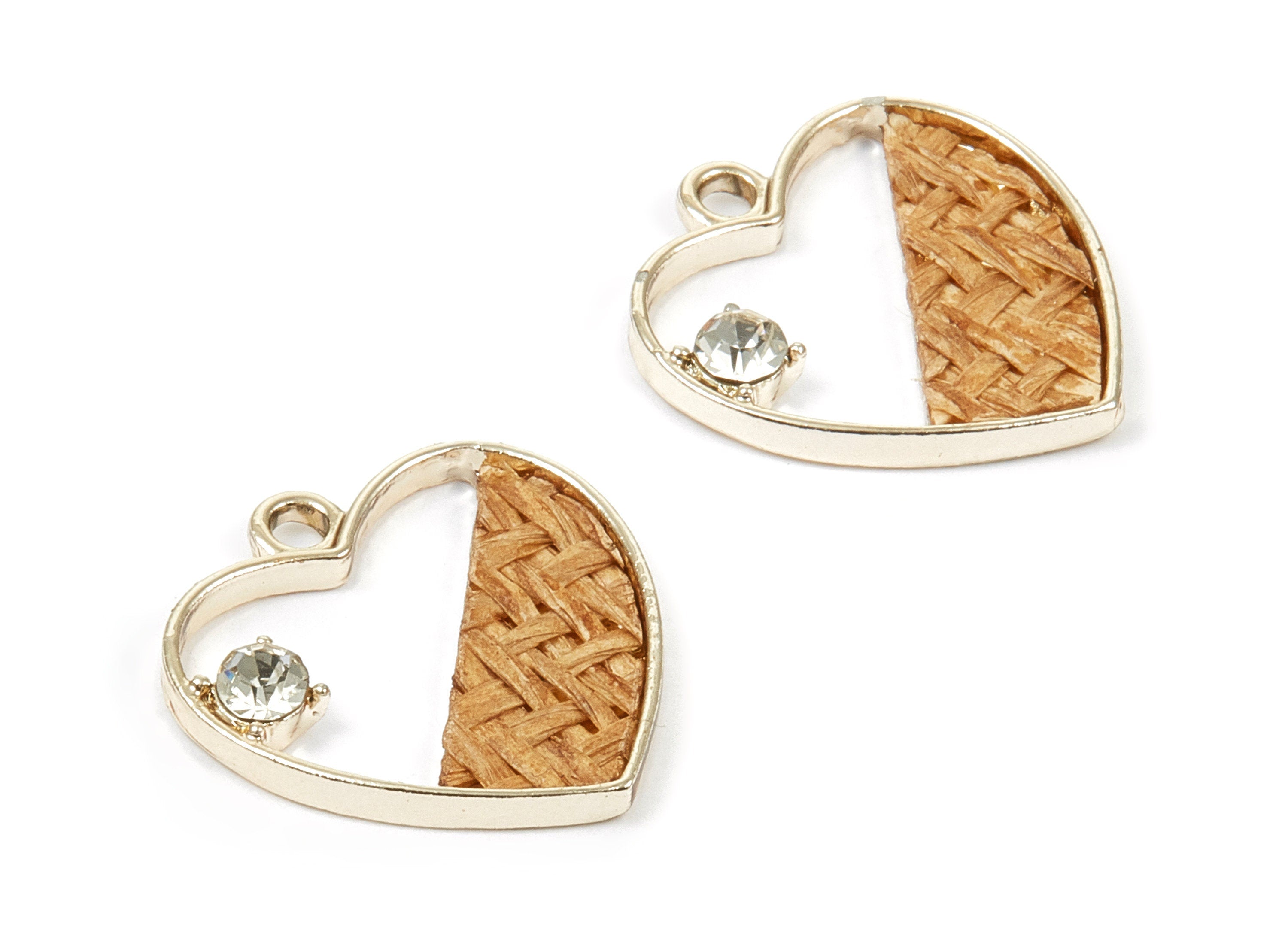Handwoven Heart Rattan Charms - Alloy Heart Earrings and Pendant - Handwoven Alloy Earrings - Gold Tone Plated - 24.58x23.43x2.11mm - RT1272 - DOMEDBAZAAR