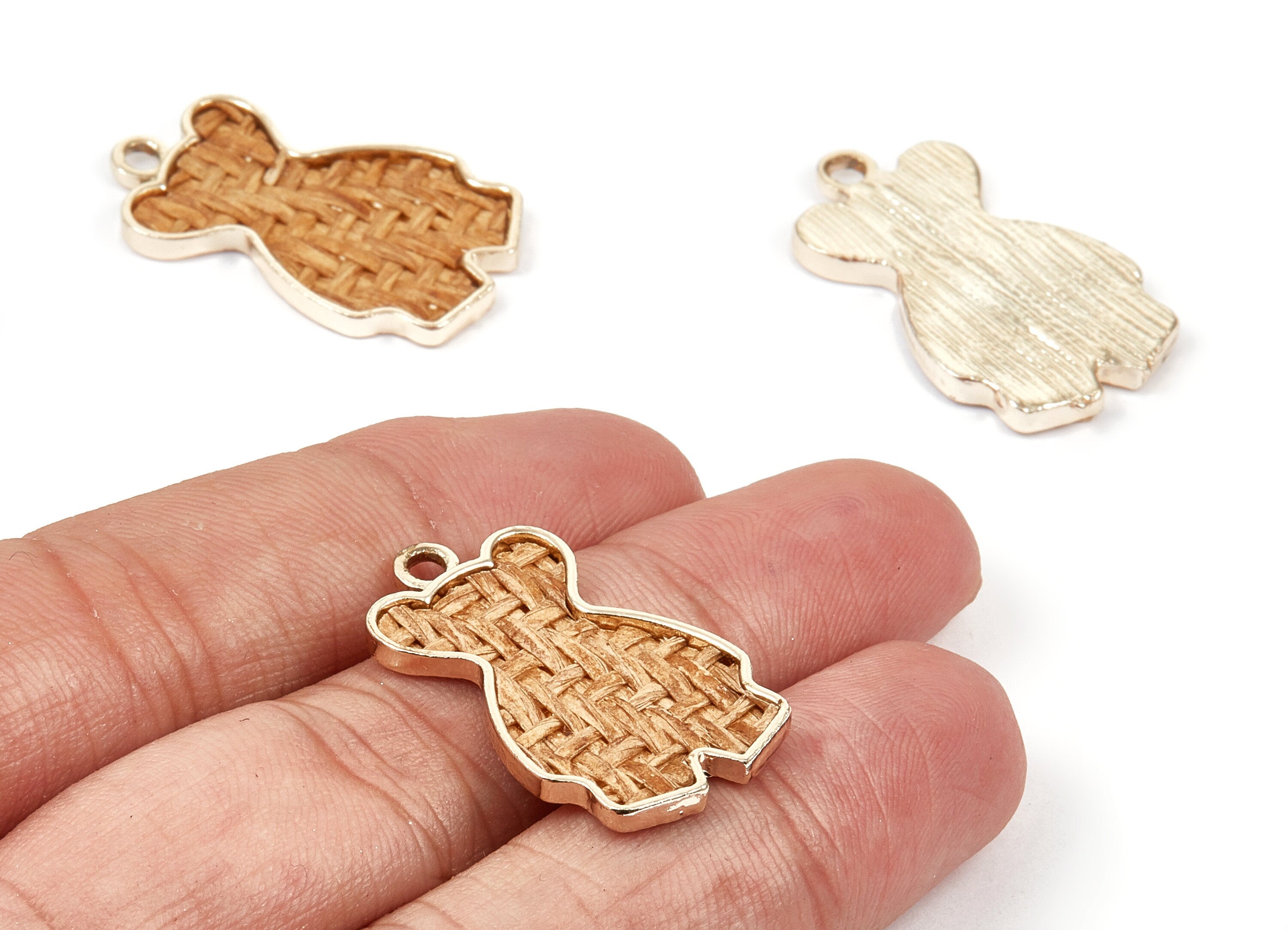Handwoven Bear Rattan Charms - Alloy Bear Earrings and Pendant - Handwoven Alloy Earrings - Gold Tone Plated - 30.56x18.24x2.52mm - RT1269 - DOMEDBAZAAR