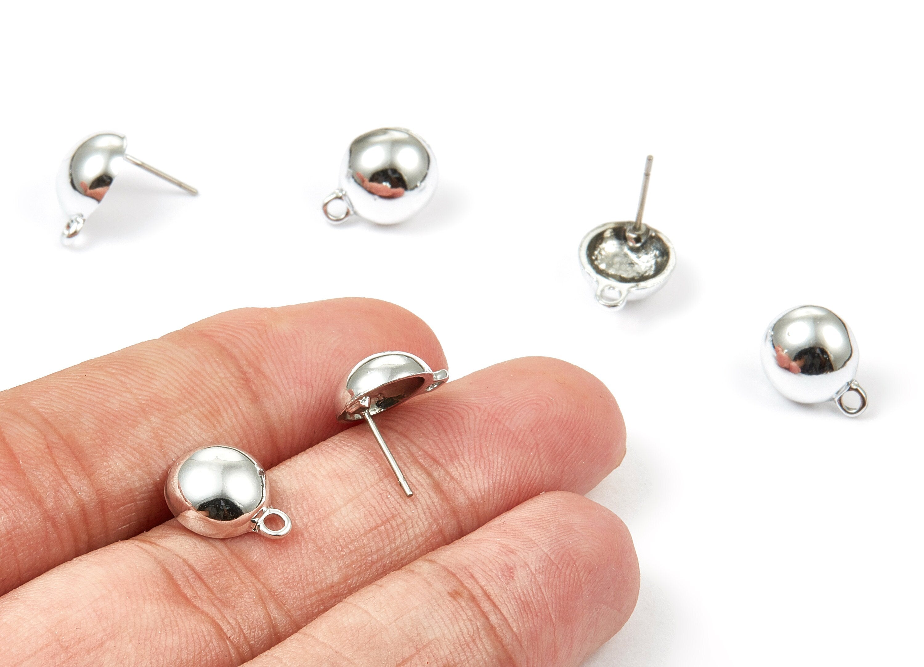 Alloy Semi Ball Earring Stud - Zinc Alloy Semi Ball Earring Post - Silver Tone Plated - Earring Findings - 12.76x9.87mm - ZZ1354 - DOMEDBAZAAR
