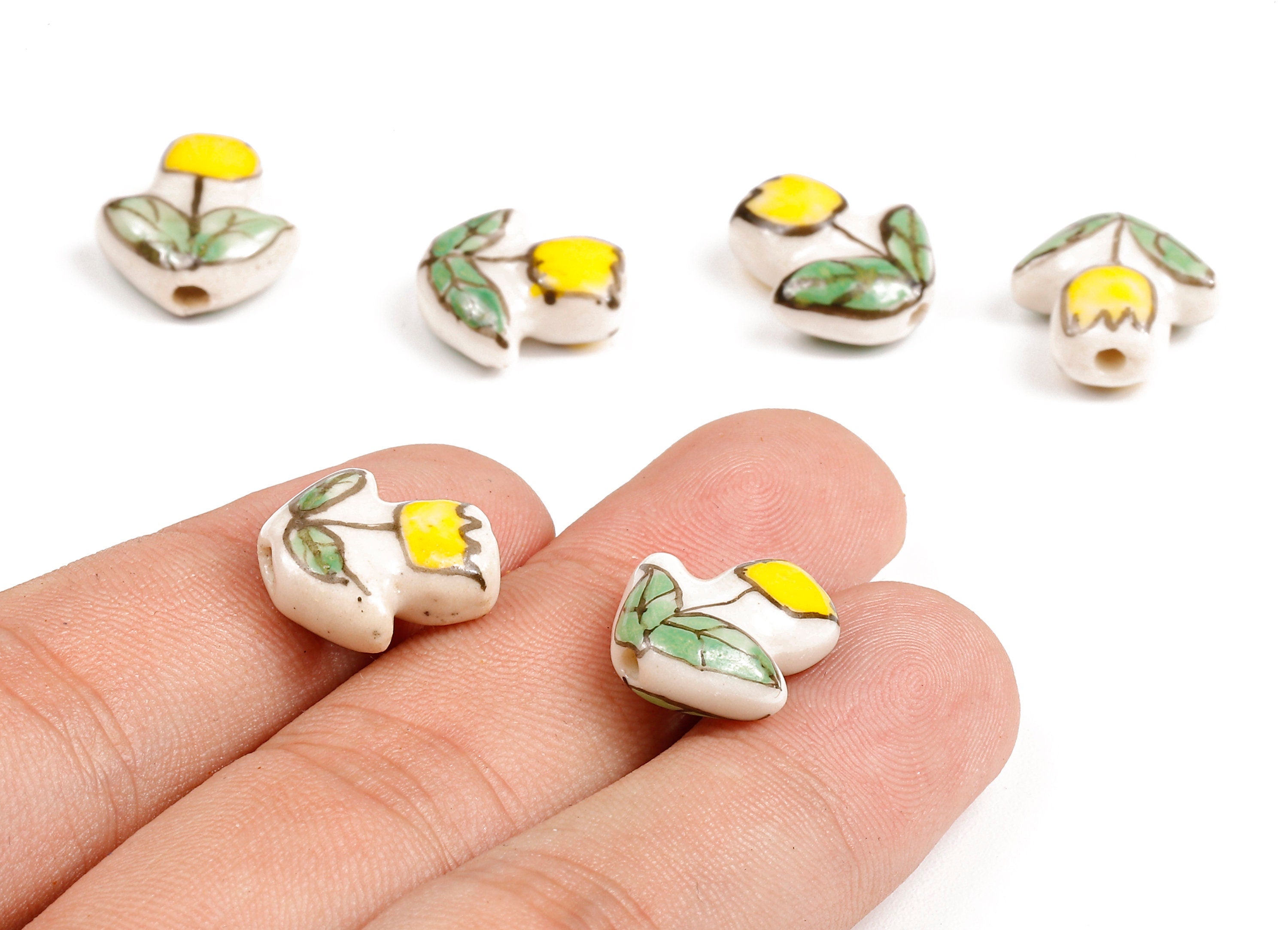 Glazed Ceramic Flower Beads - Carved Flower Beads - Handmade Beads - Necklace Beads - Connectors Beads - 15.51x14.8x7.1mm - NS1059 - DOMEDBAZAAR