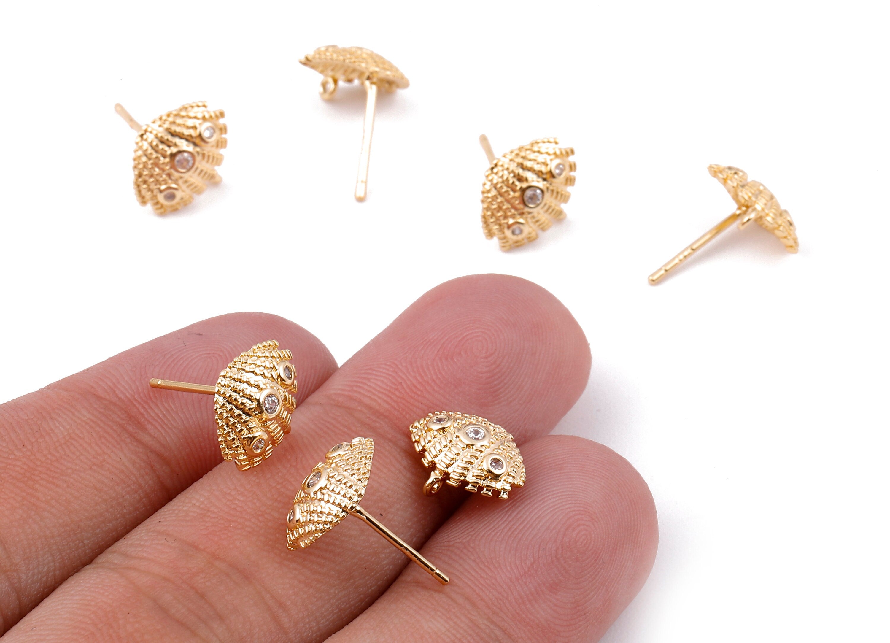 Brass Mussel Shell Stud - Zircon Earring Post - 18K Real Gold Plated Brass Stud - Jewelry Supplies - 11.42x8.93x1.67mm - RGP1111 - DOMEDBAZAAR