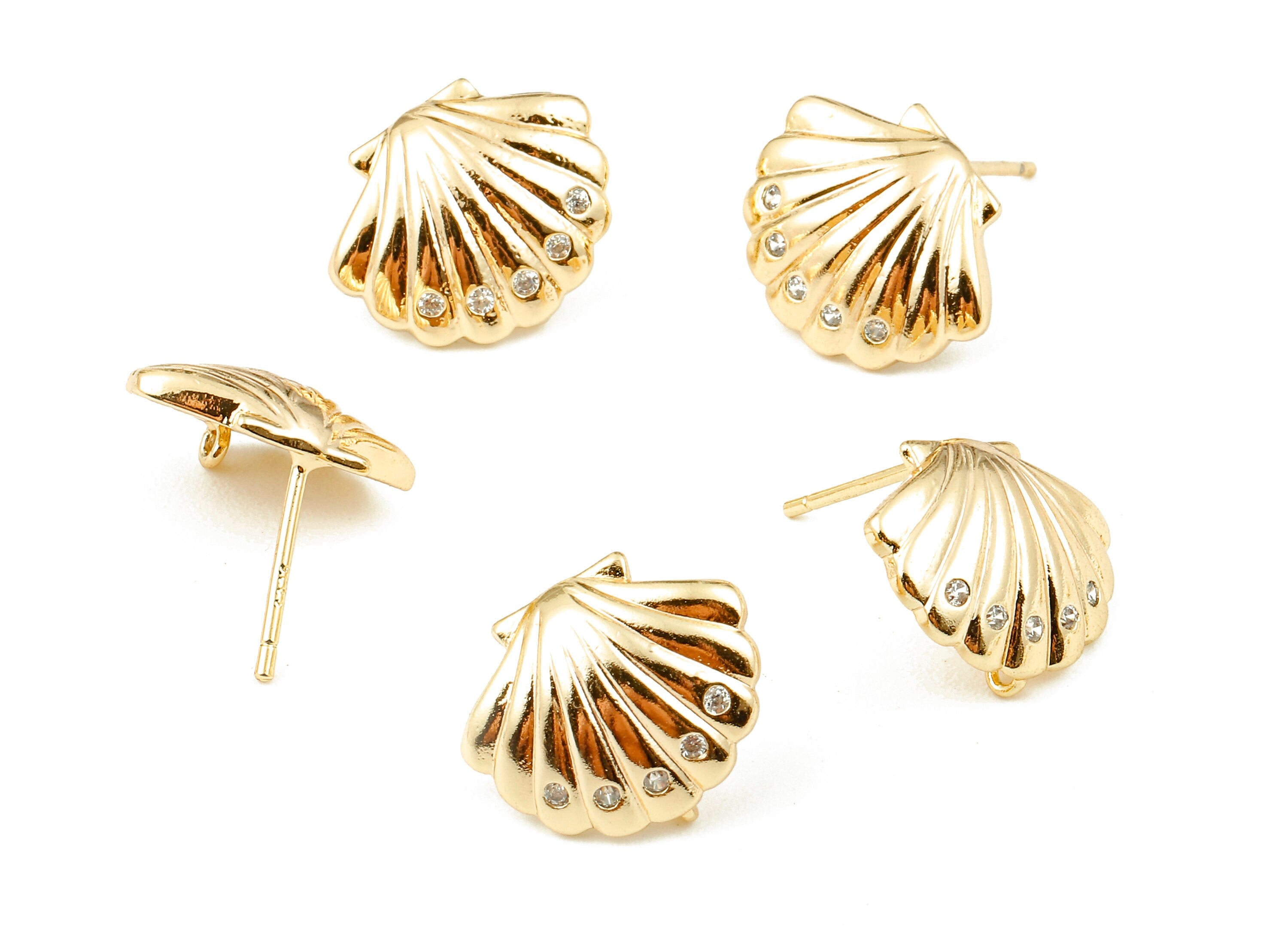 Brass Mussel Shell Stud - Zircon Shell Earring post - 18K Real Gold Plated Brass Stud - 14.56x12.24x1.46mm - RGP1112 - DOMEDBAZAAR