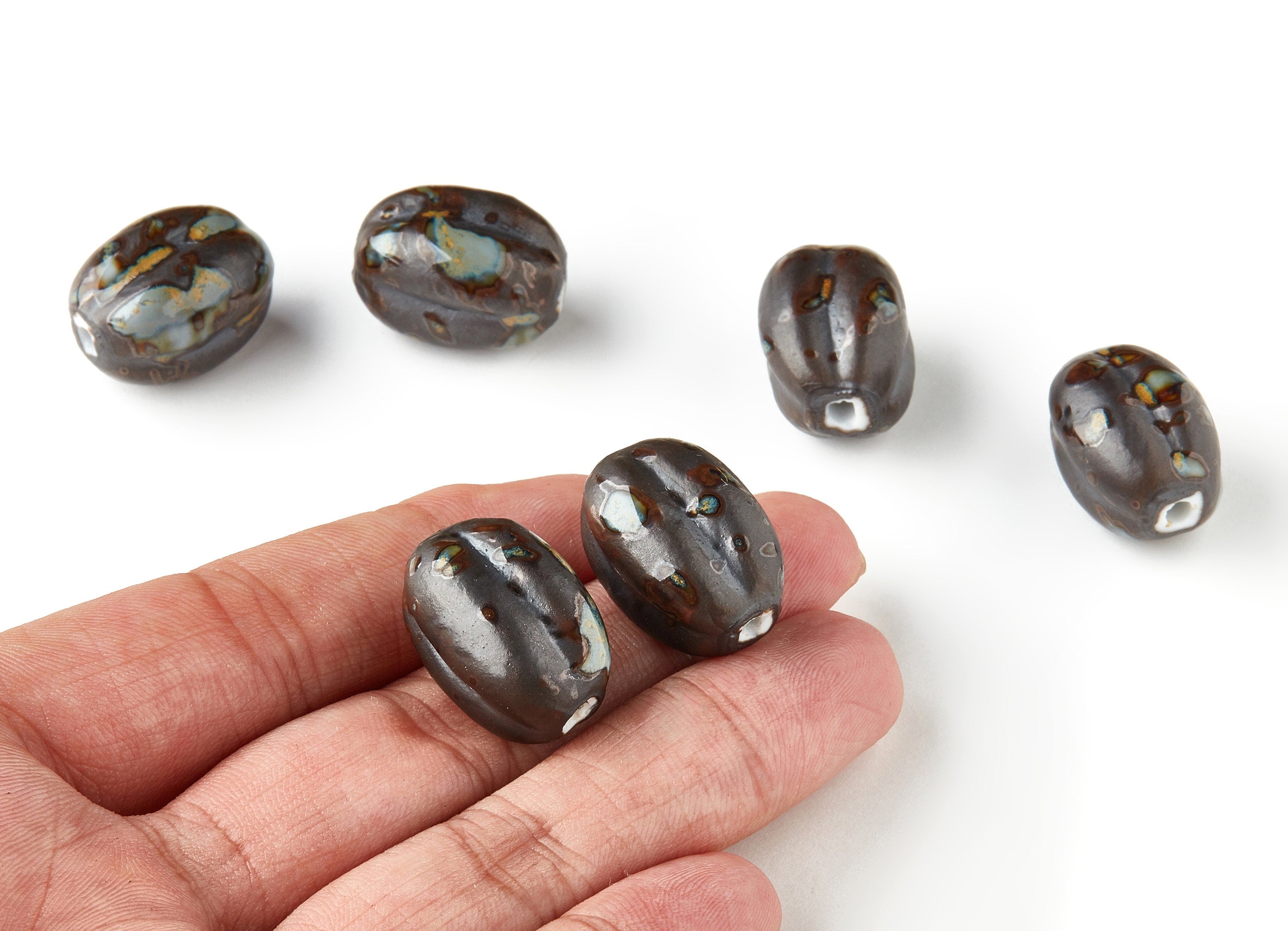 Glazed Ceramic Beads - Carved Beads - Handmade Beads - Necklace Beads - Connectors Beads - Jewelry Supplies - 22.85x18.44mm - NS1032 - DOMEDBAZAAR