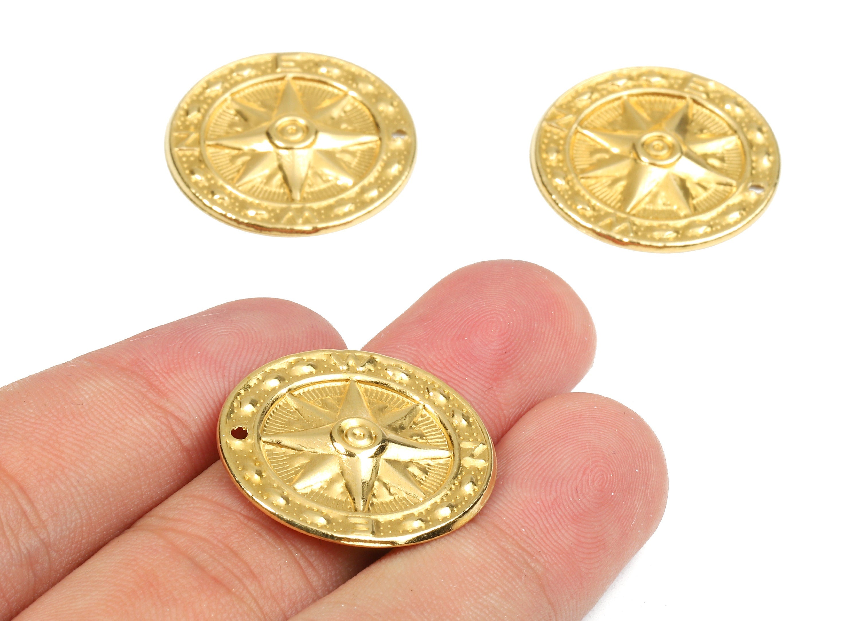 Brass Compass Charms - Raw Brass Compass Earrings and Pendant - Brass Round Necklace - Jewelry Supplies - 24.96x24.96x2.18mm - PP2678 - DOMEDBAZAAR