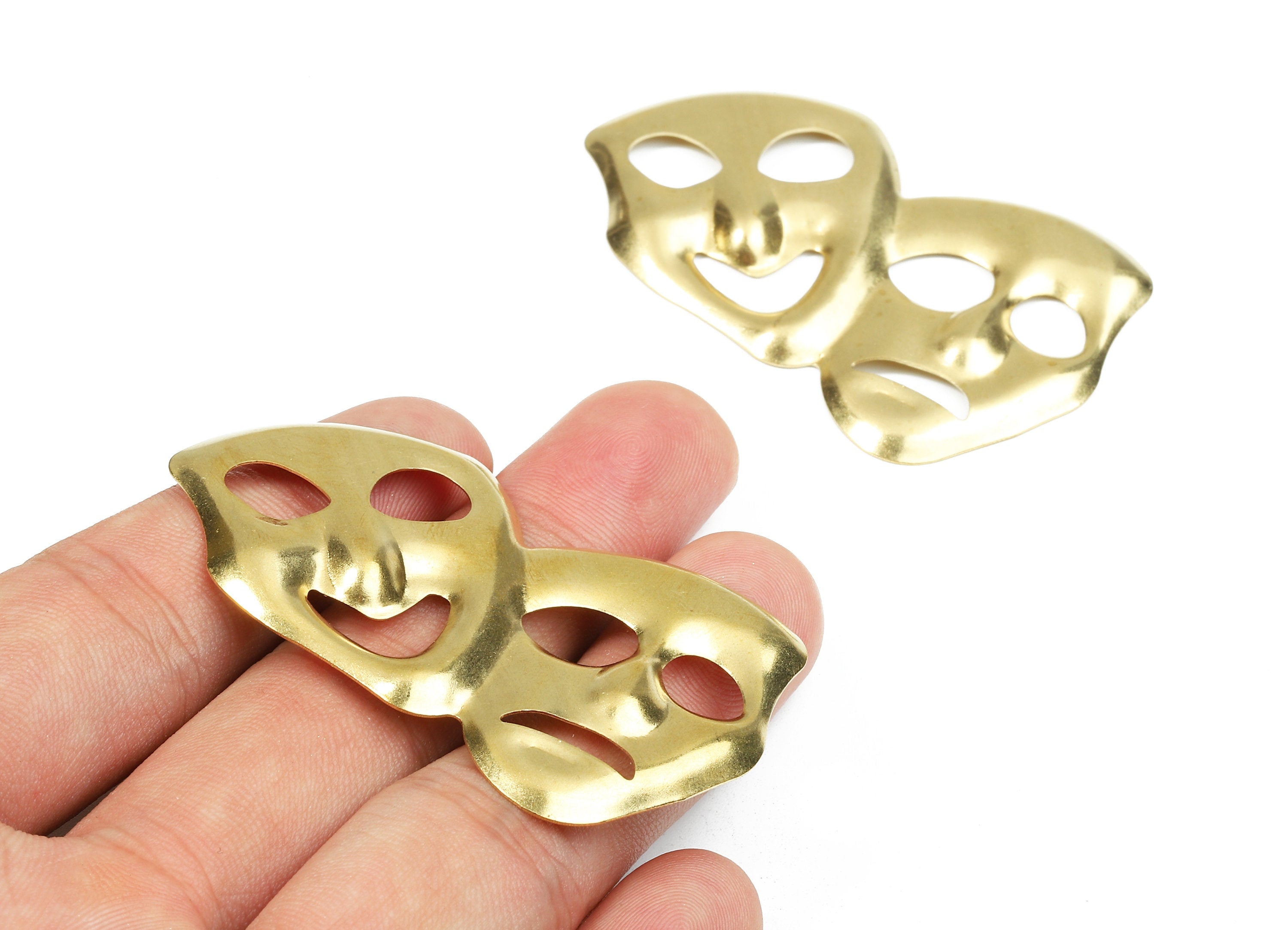 Brass Comedy Tragedy Masks Charms - Raw Brass Drama Mask Earrings and Pendant - Brass Theatre Faces Necklace - 58.56x35.84x2mm - PP2694 - DOMEDBAZAAR