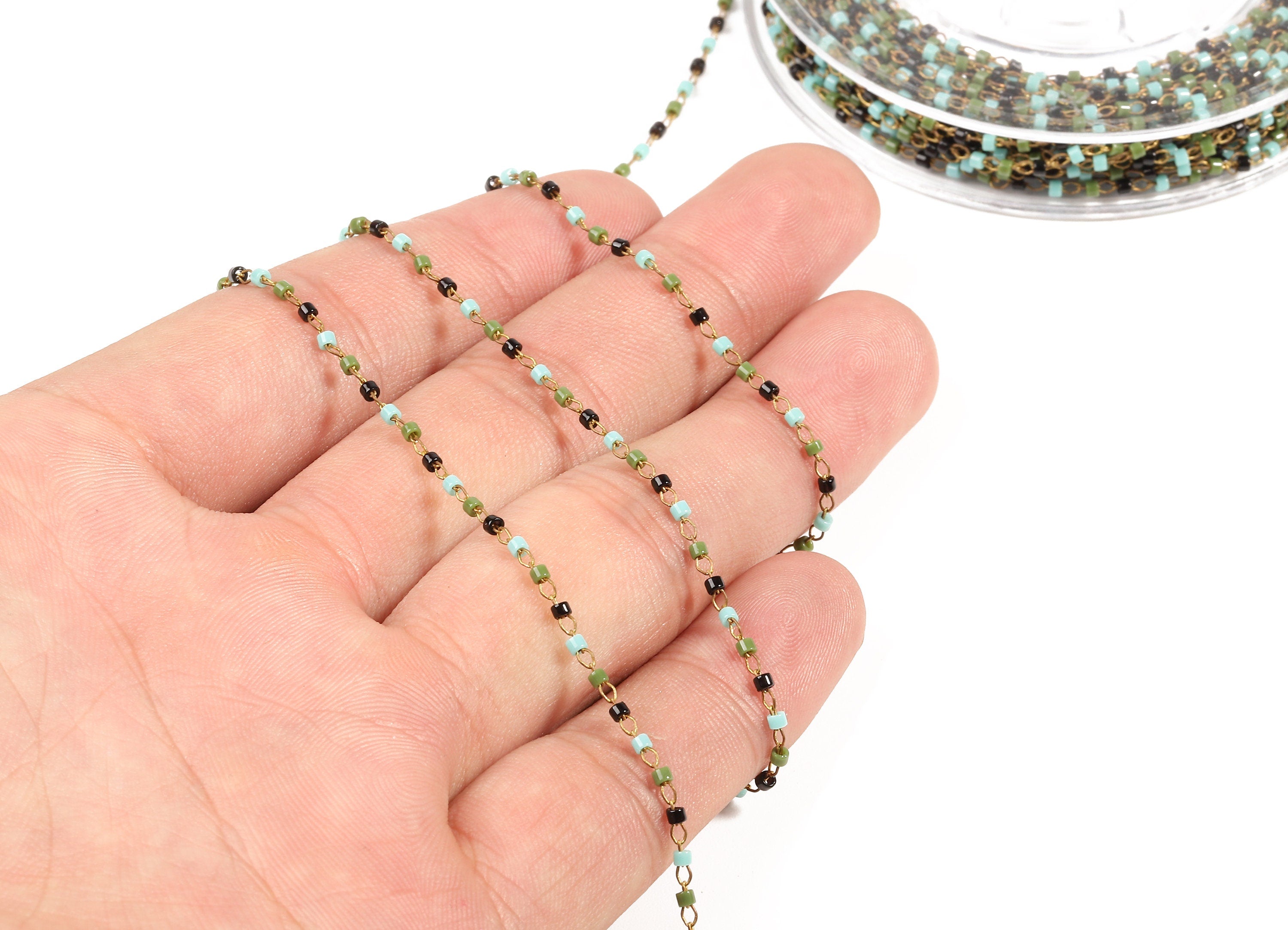 Toho Glass Beaded Chain - Seed Beads Chain - Green Toho Glass Bead - Stainless Steel - Jewelry Making Chain - 1.63mm x 1.44mm - TH1036 - DOMEDBAZAAR