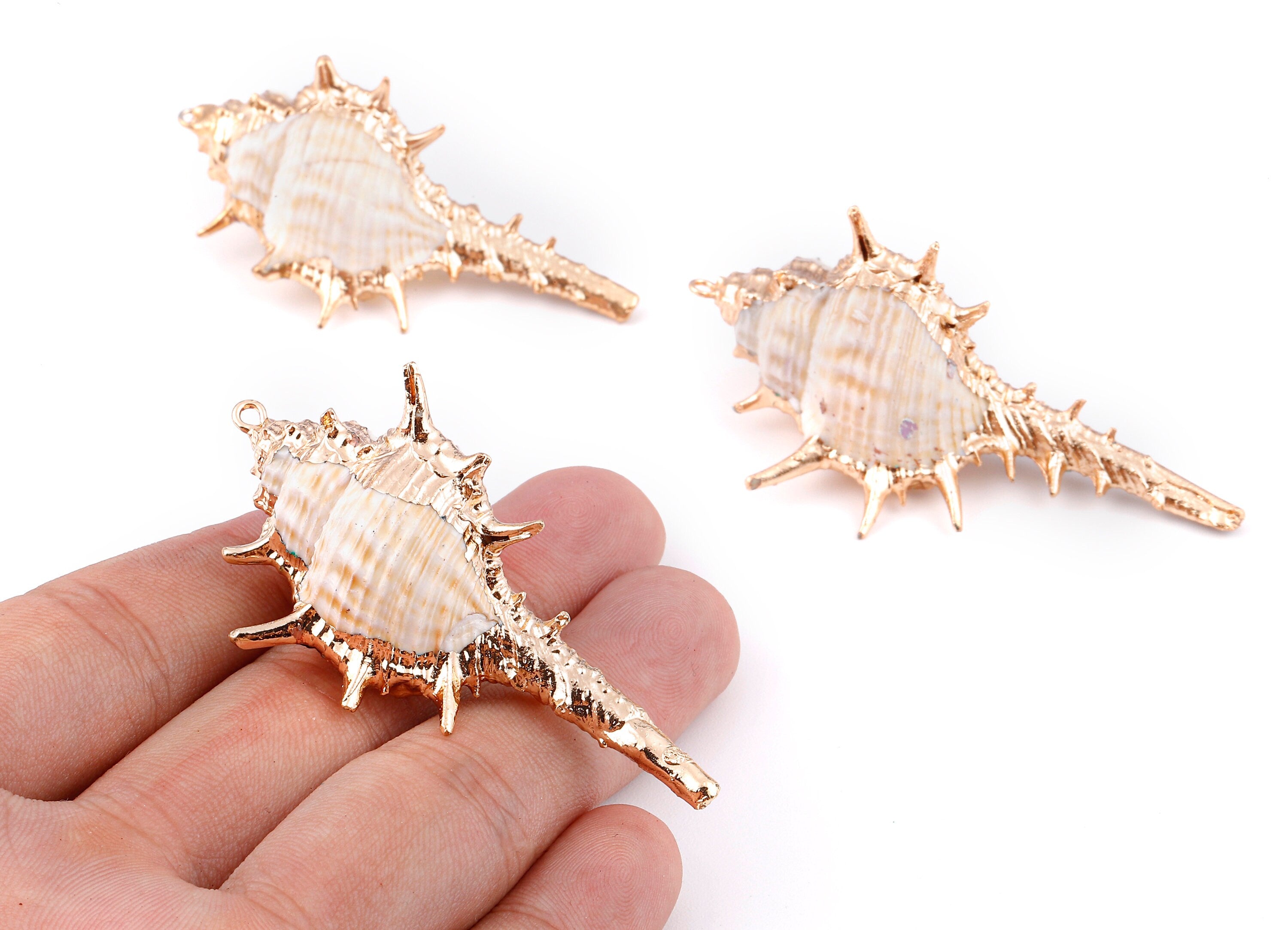 Cone Shell Charms - Whelk Seashell Pendant - Gold Tone Plated Earrings - Natural Seashell - 1 Hole - 60.76x32.84x25.86mm - SF1124A - DOMEDBAZAAR
