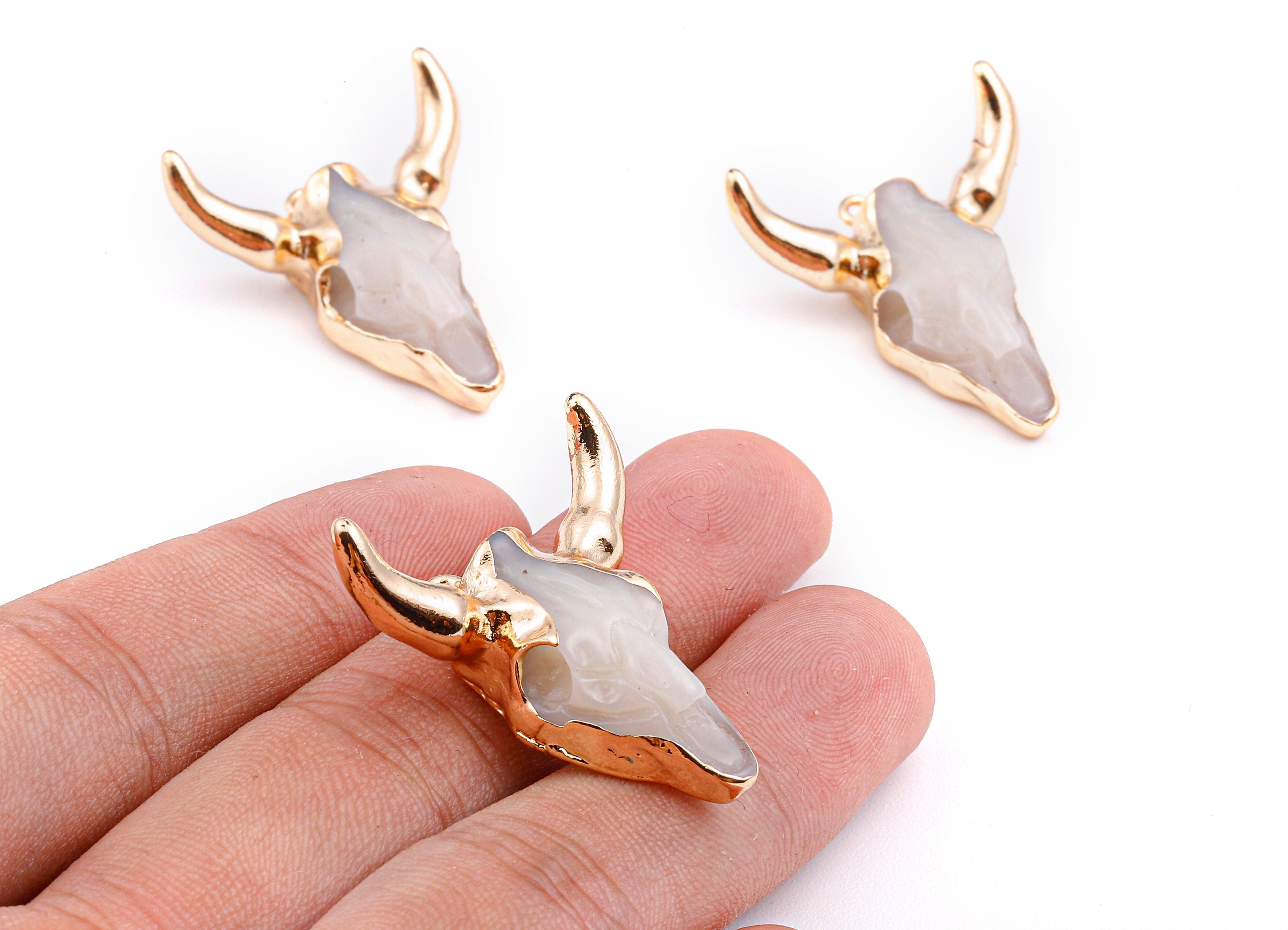 Resin Bull Charms - Buffalo Cattle Skull Pendant - Resin Horn Cattle - Bull Head Druzy - 29x26.6x8.57mm - RC1020C - DOMEDBAZAAR