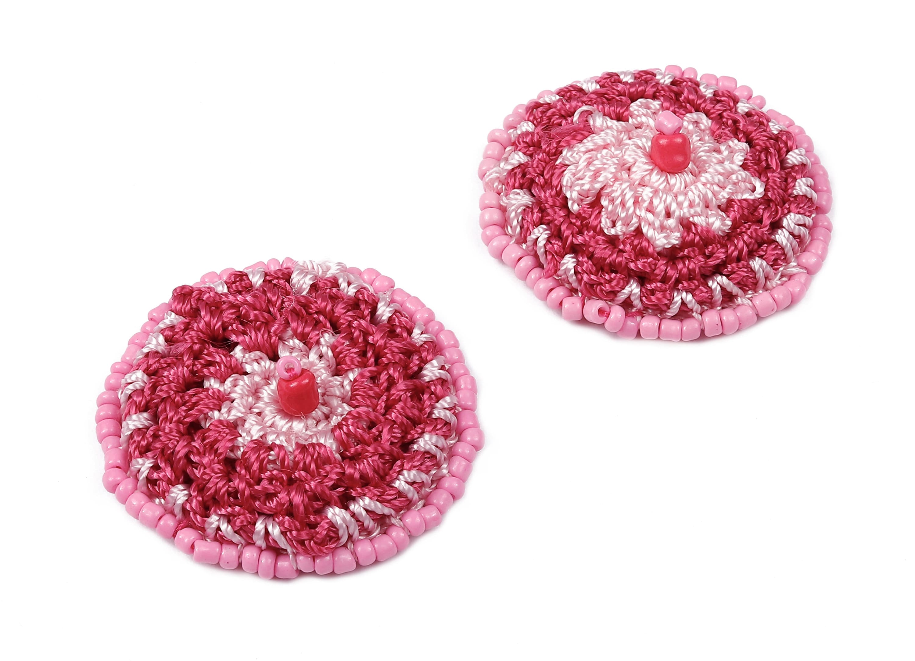 Crochet Round Earrings - Crochet Earrings with Beads - Knit weaving Earrings - Handmade Flower Earrings - 37.12x37.12x3.93mm - TS1071 - DOMEDBAZAAR