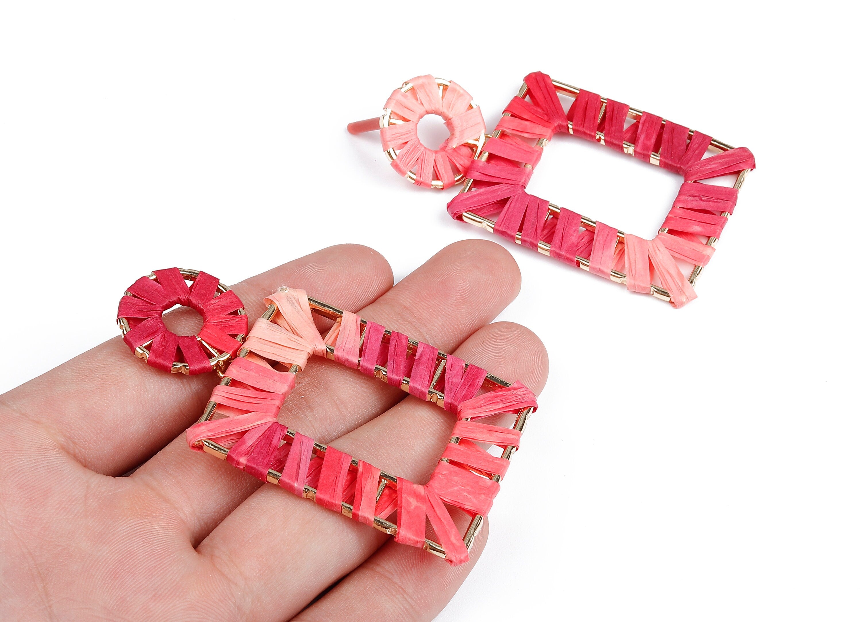 Natural Raffia Rectangle Earring Stud - Alloy Rectangle Earring Post - Rectangle Earring Post Stud - 71x39.5x2.37mm - RS1057A - DOMEDBAZAAR