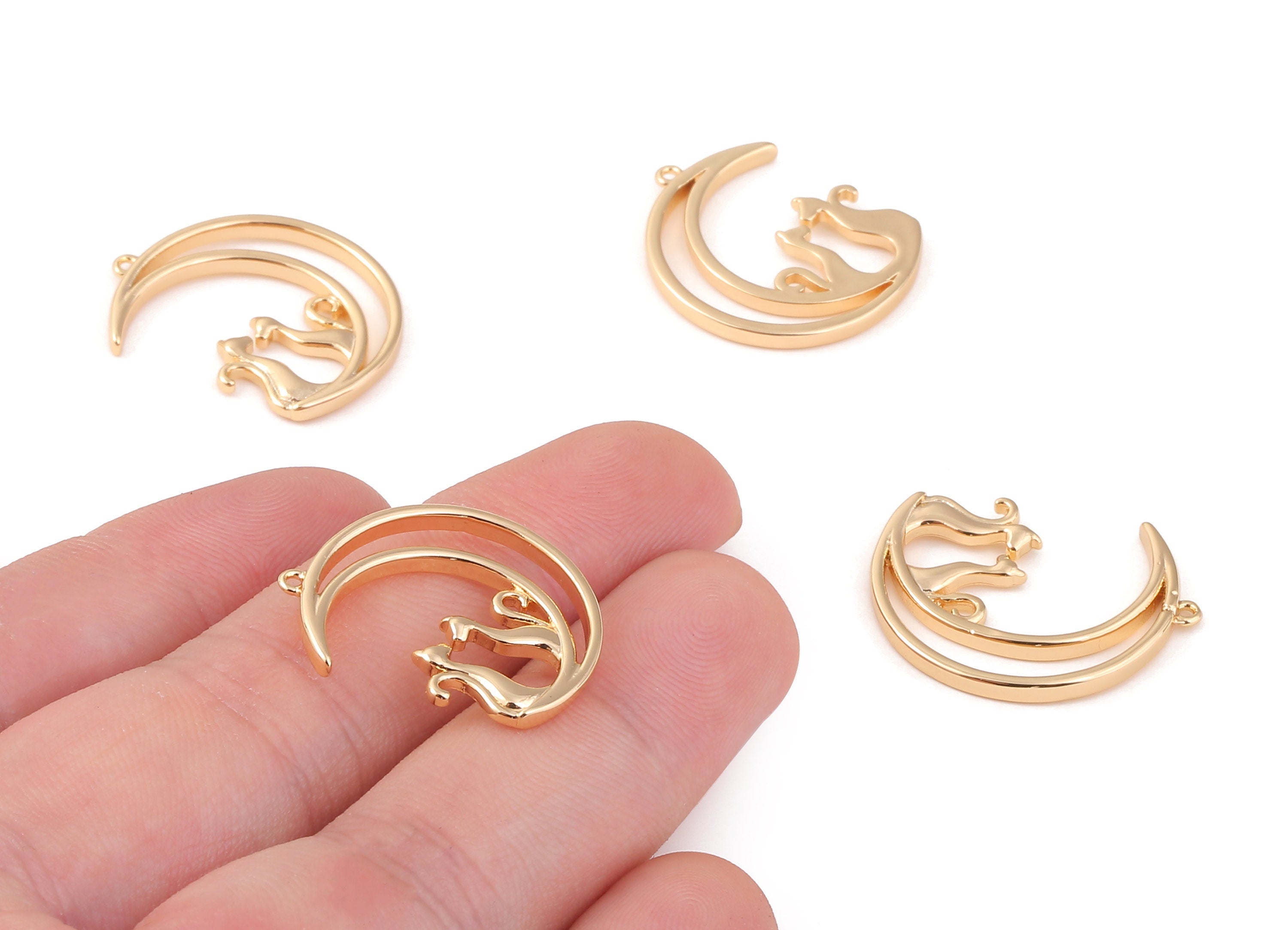 Brass Cat Moon Earring Charm - Brass Cat Moon Earring Pendant - 18K Real Gold Plated Brass - Jewelry Supplies - 24.66x19.84x1.92mm - RGP1062 - DOMEDBAZAAR