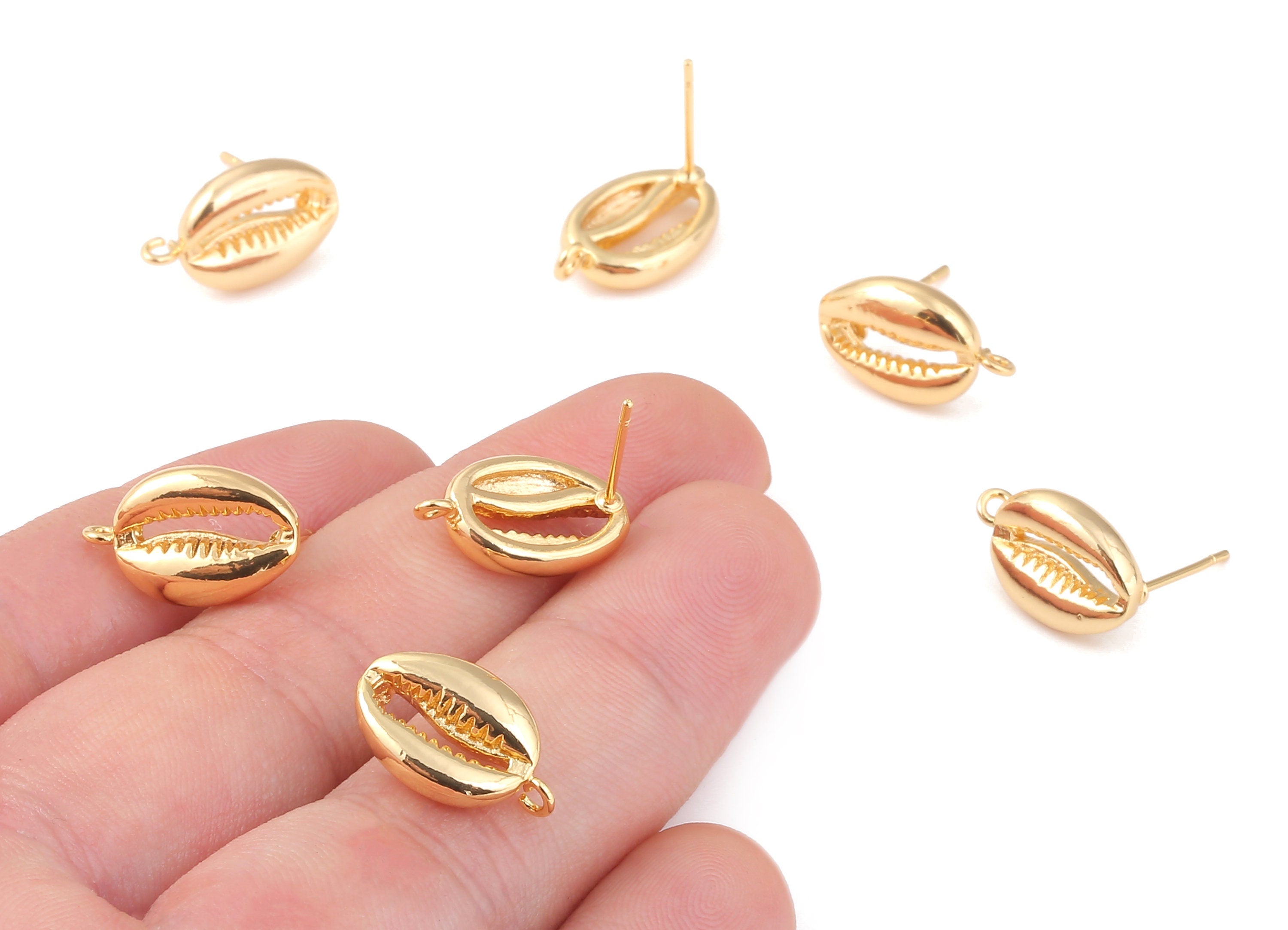 Brass Cut Open Seashells Earring Post - Brass Cowrie Seashell Earring Stud - 18K Real Gold Plated Brass - 16.47x10.33x3.08mm - RGP1051 - DOMEDBAZAAR