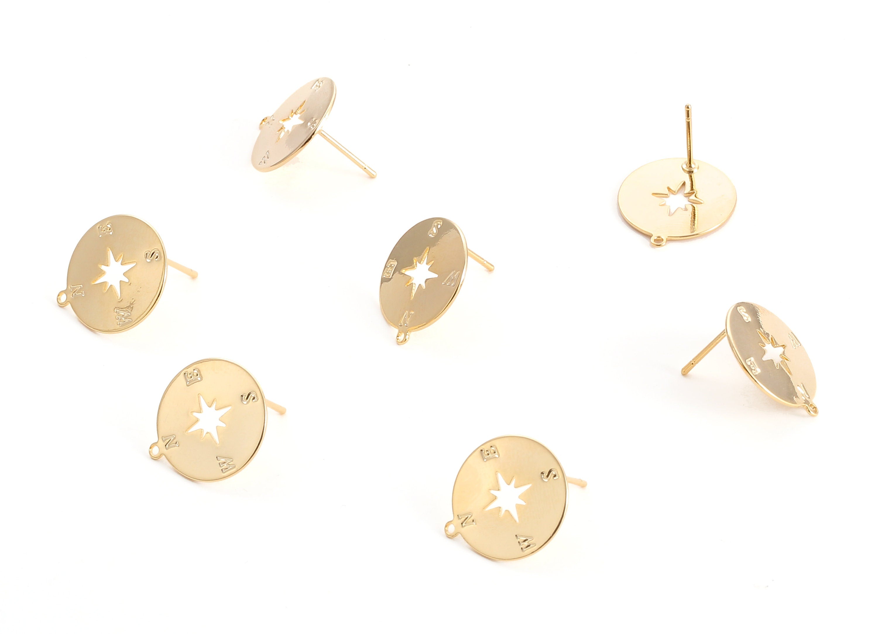 Brass Compass Earring Post - Brass Compass Earring Stud - 18K Real Gold Plated Brass - Jewelry Supplies - 16.74x15.19x0.66mm - RGP1088 - DOMEDBAZAAR
