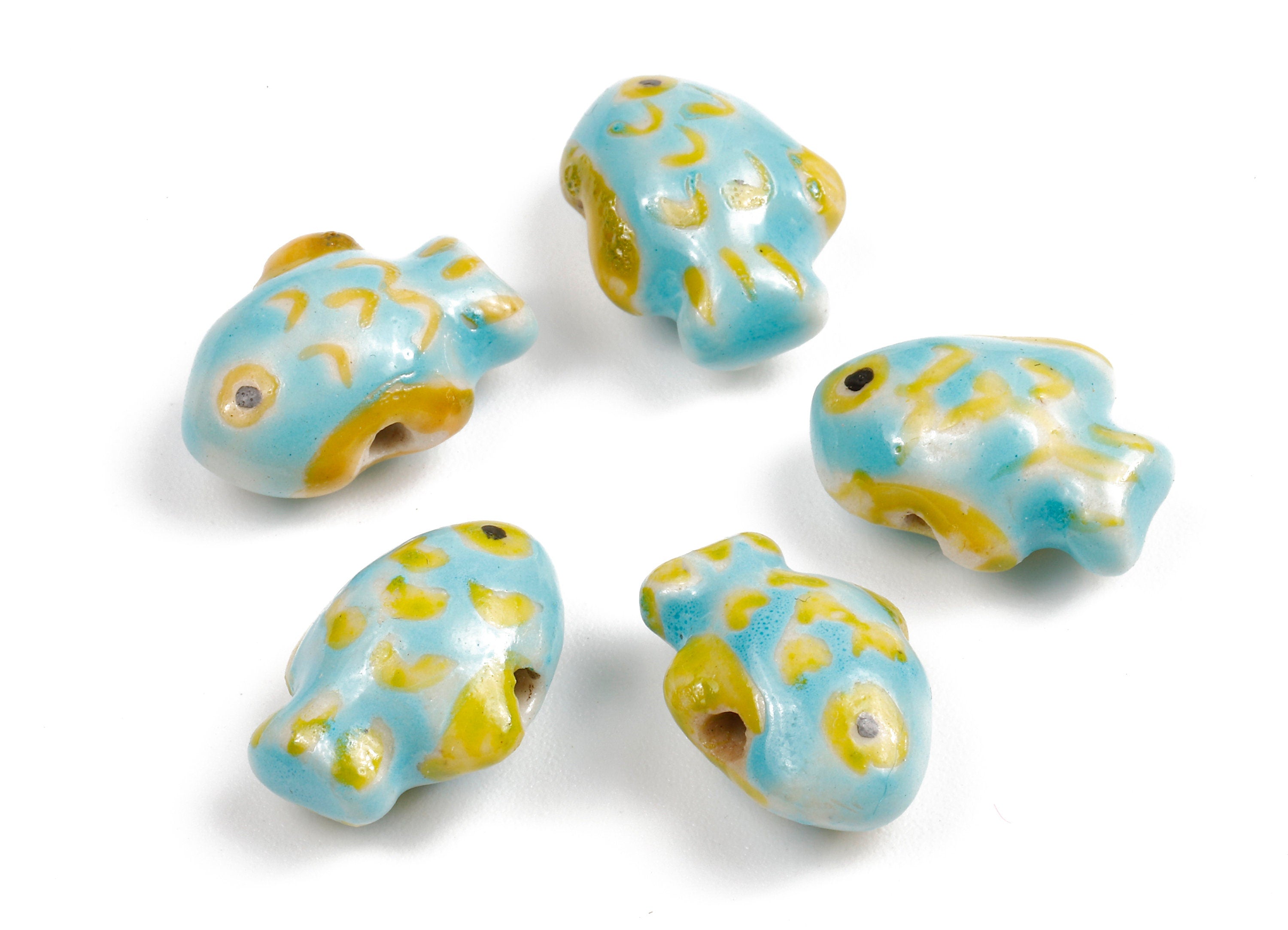 Glazed Ceramic Fish Beads - Carved Fish Beads - Handmade Beads - Necklace Beads - Connectors Beads - 17.81x13.48x9.01mm - NS1053 - DOMEDBAZAAR
