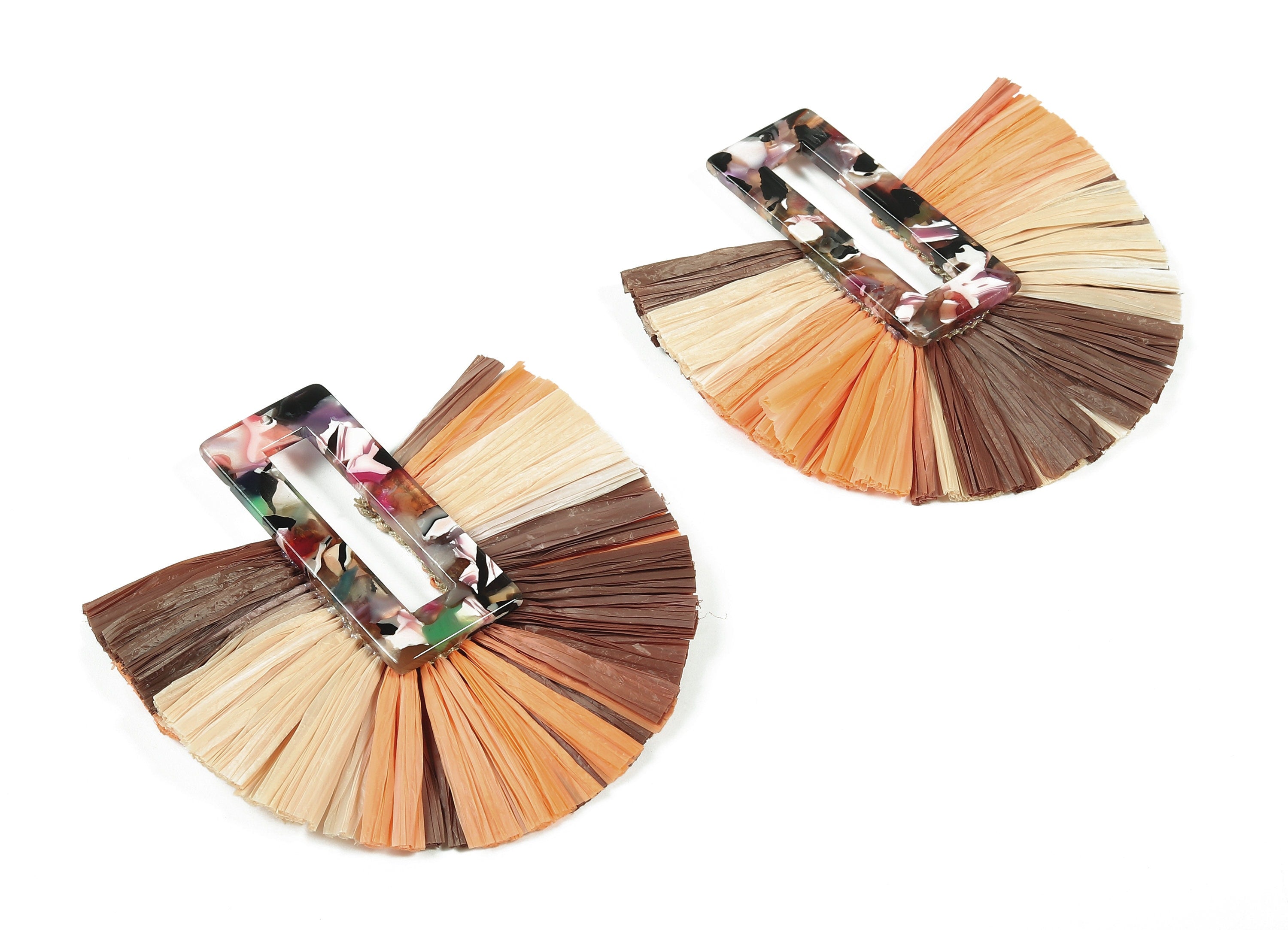 Acetate Rectangle Raffia Tassels Charms - Earrings with Fan Tassels - Double-layer raffia - Color Code: A60 - 70.23x65.09x5.54mm - AC1764 - DOMEDBAZAAR