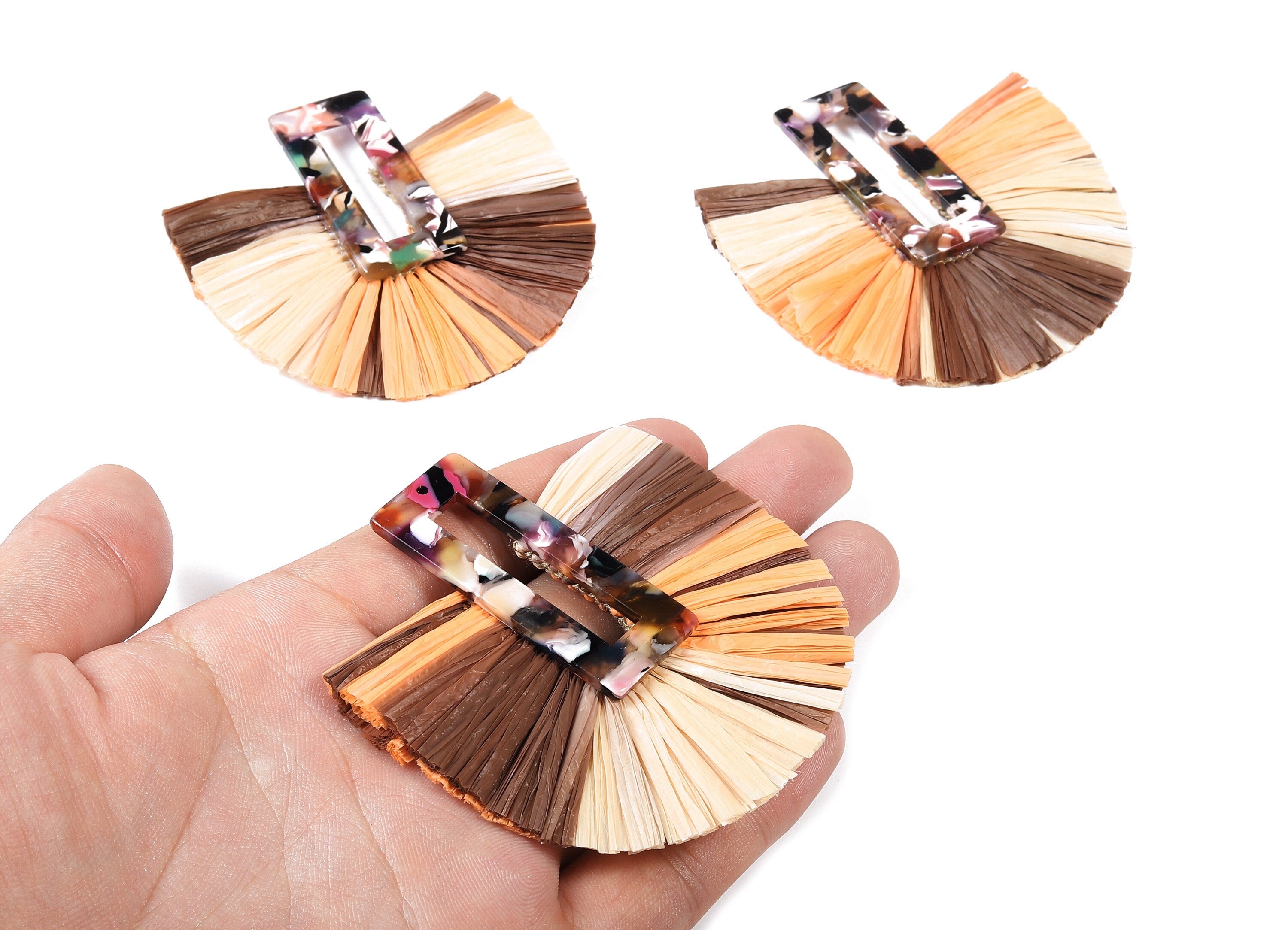 Acetate Rectangle Raffia Tassels Charms - Earrings with Fan Tassels - Double-layer raffia - Color Code: A60 - 70.23x65.09x5.54mm - AC1764 - DOMEDBAZAAR
