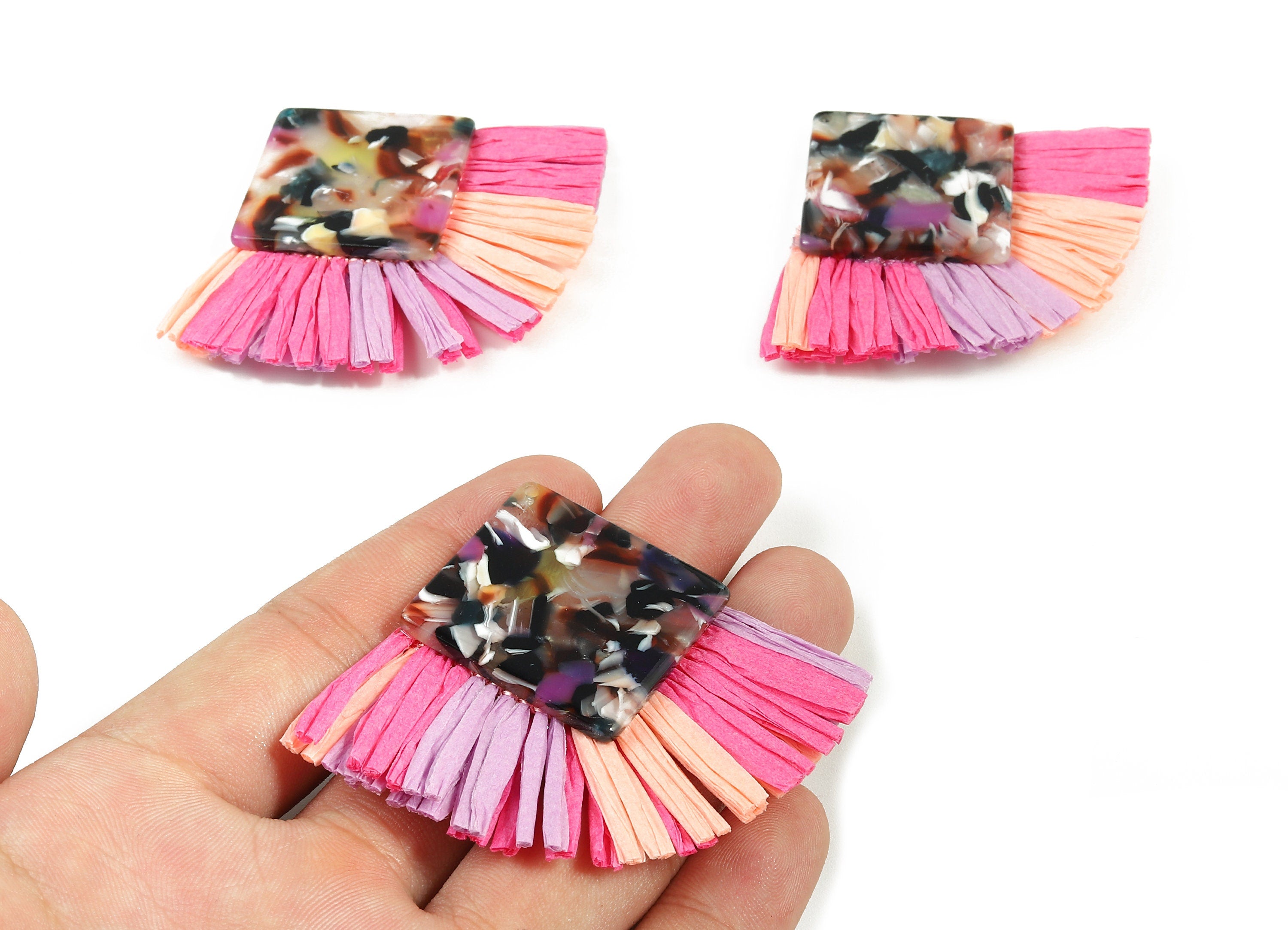 Acetate Square Raffia Tassels Charms - Earrings with Fan Tassels - Double-layer raffia - Color Code: A11 - 73.5x56.54x5.28mm - AC1768 - DOMEDBAZAAR