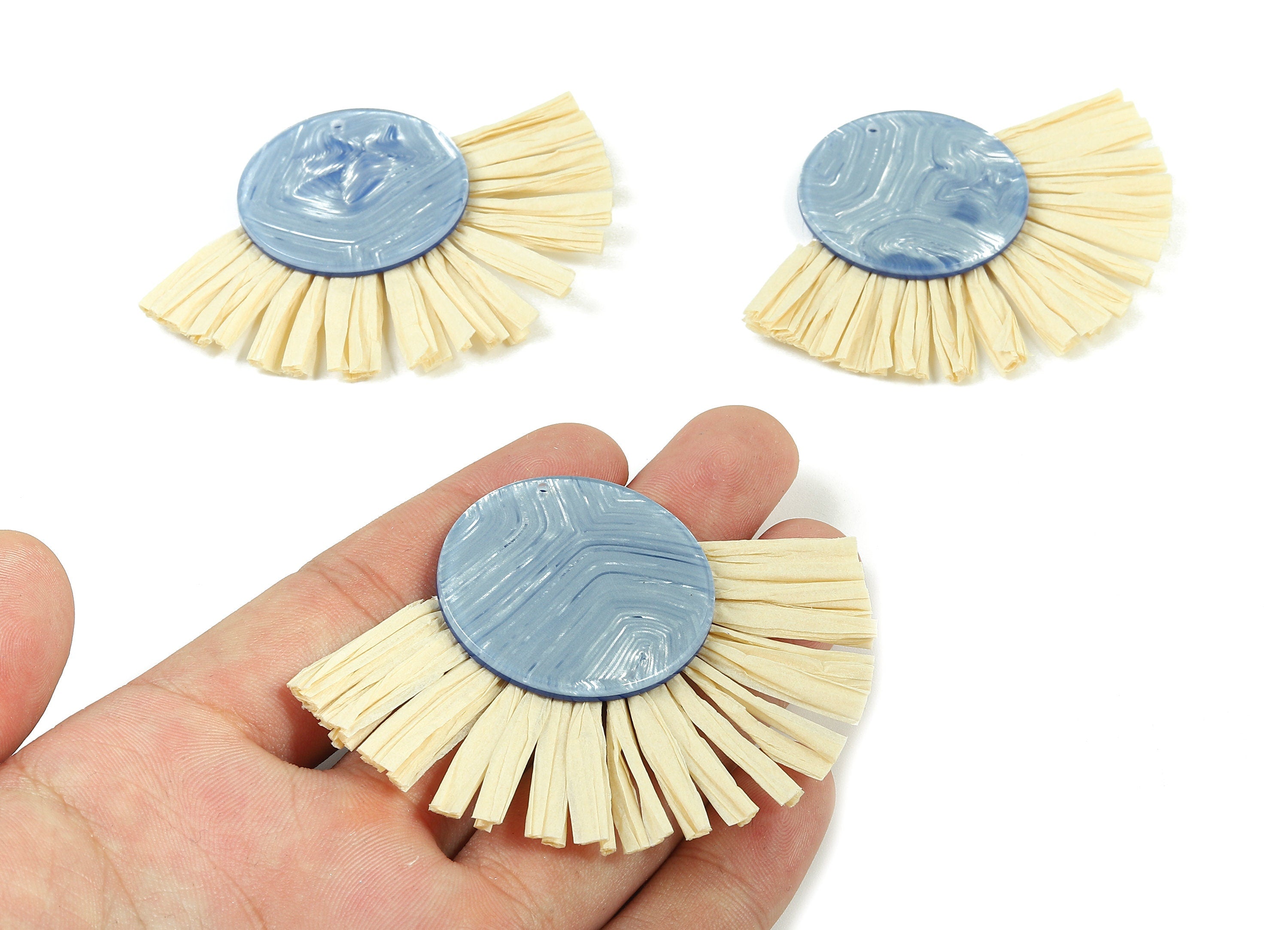 Acetate Round Raffia Tassels Charms - Earrings with Fan Tassels - Single Layer Raffia - Color Code: A385 - 75x55x4.75mm - AC1787 - DOMEDBAZAAR