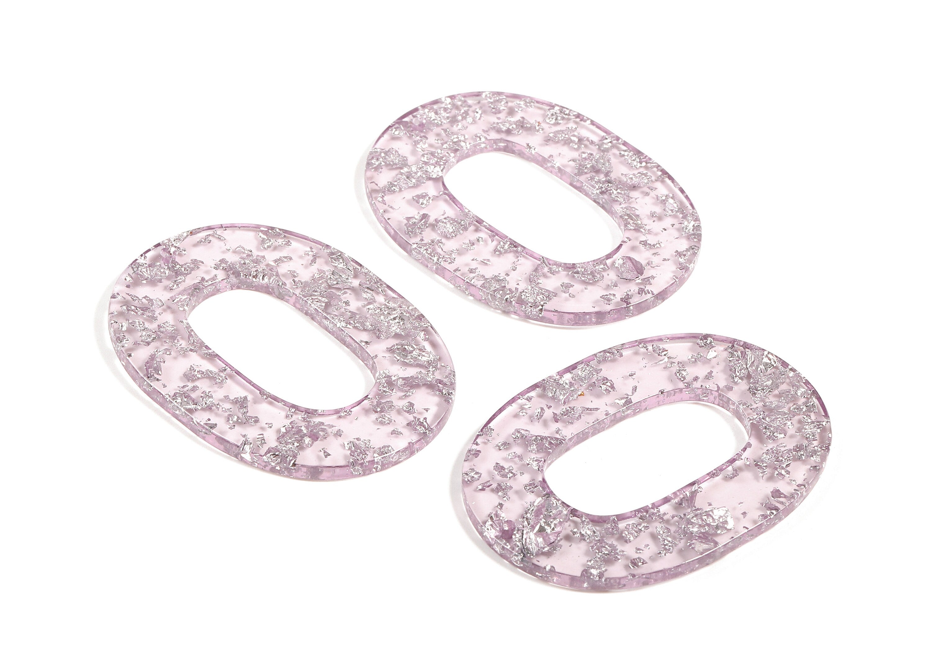 Acetate Oval Charms - Oval Earrings and Pendant - Purple Acrylic & Siver Confetti - Color Code: A375 - 46.74x34.38x2.58mm - AC1065-A375 - DOMEDBAZAAR