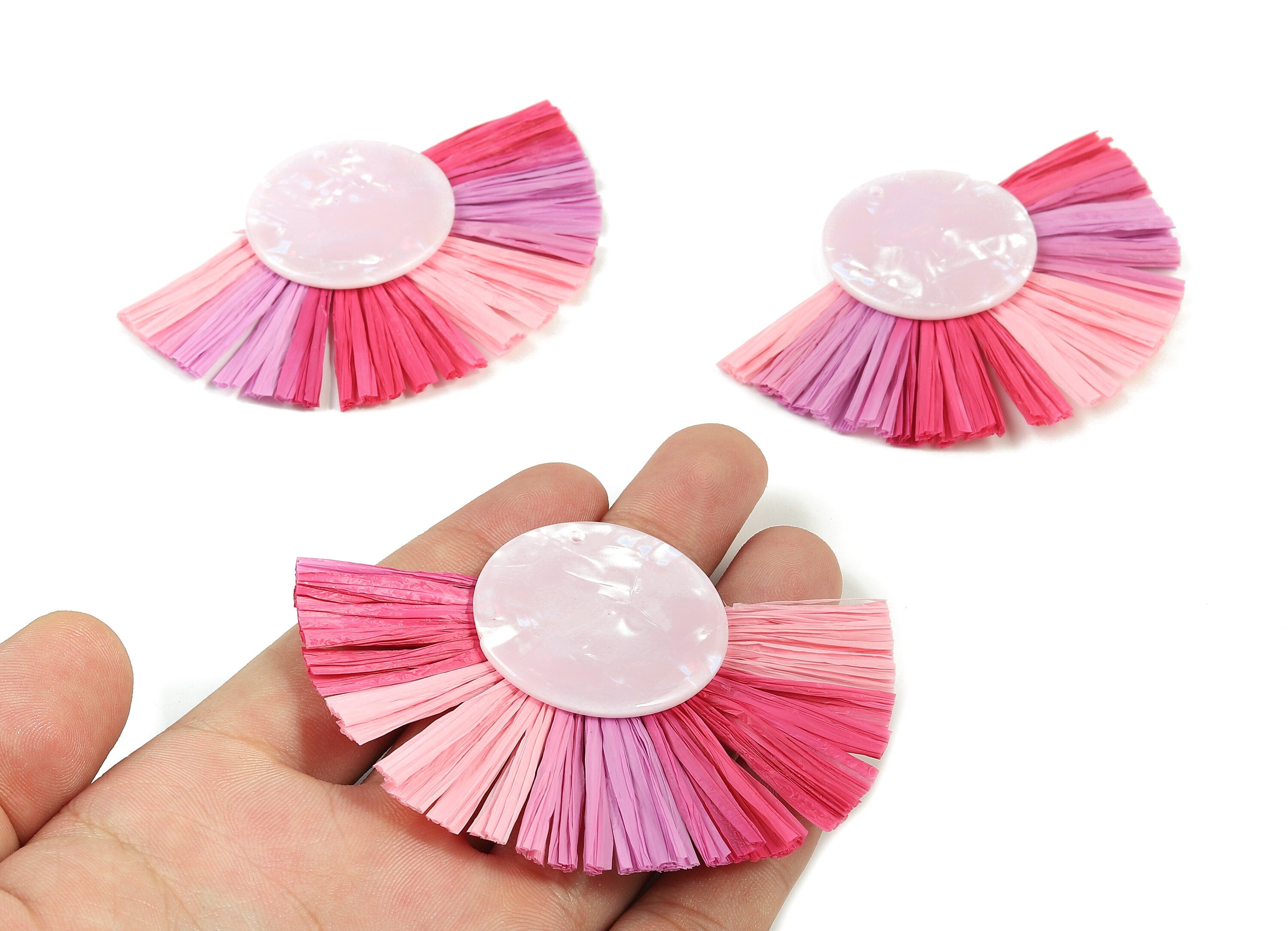 Acetate Round Raffia Tassels Charms - Earrings with Fan Tassels - Single Layer Raffia - Color Code: A393 - 85x60x4.75mm - AC1788 - DOMEDBAZAAR
