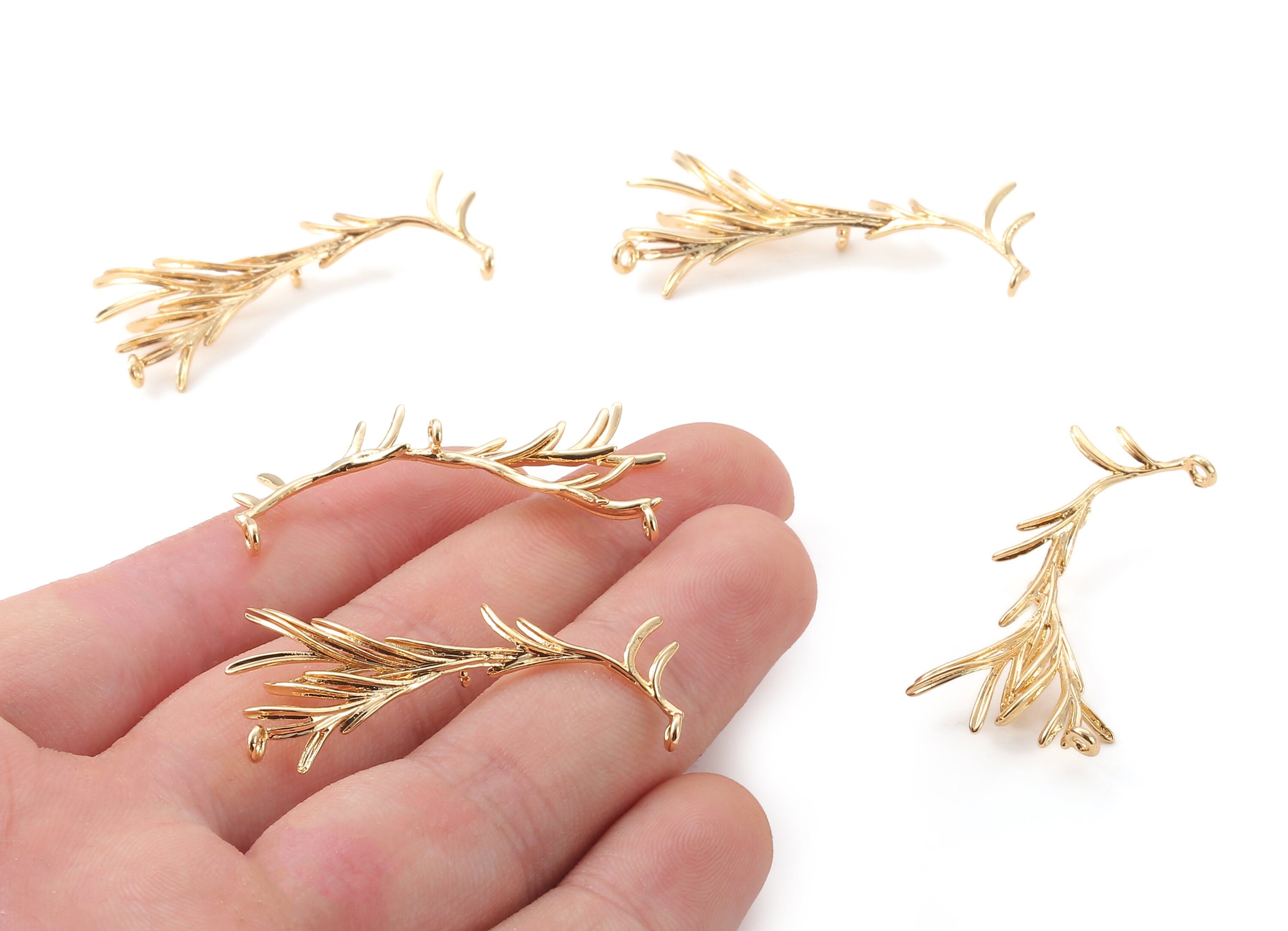 Brass Branch Earring Charms - Brass Flower Earring Pendant - 18K Real Gold Plated Brass - Jewelry Supplies - 40.52x17.7mm - RGP1239 - DOMEDBAZAAR