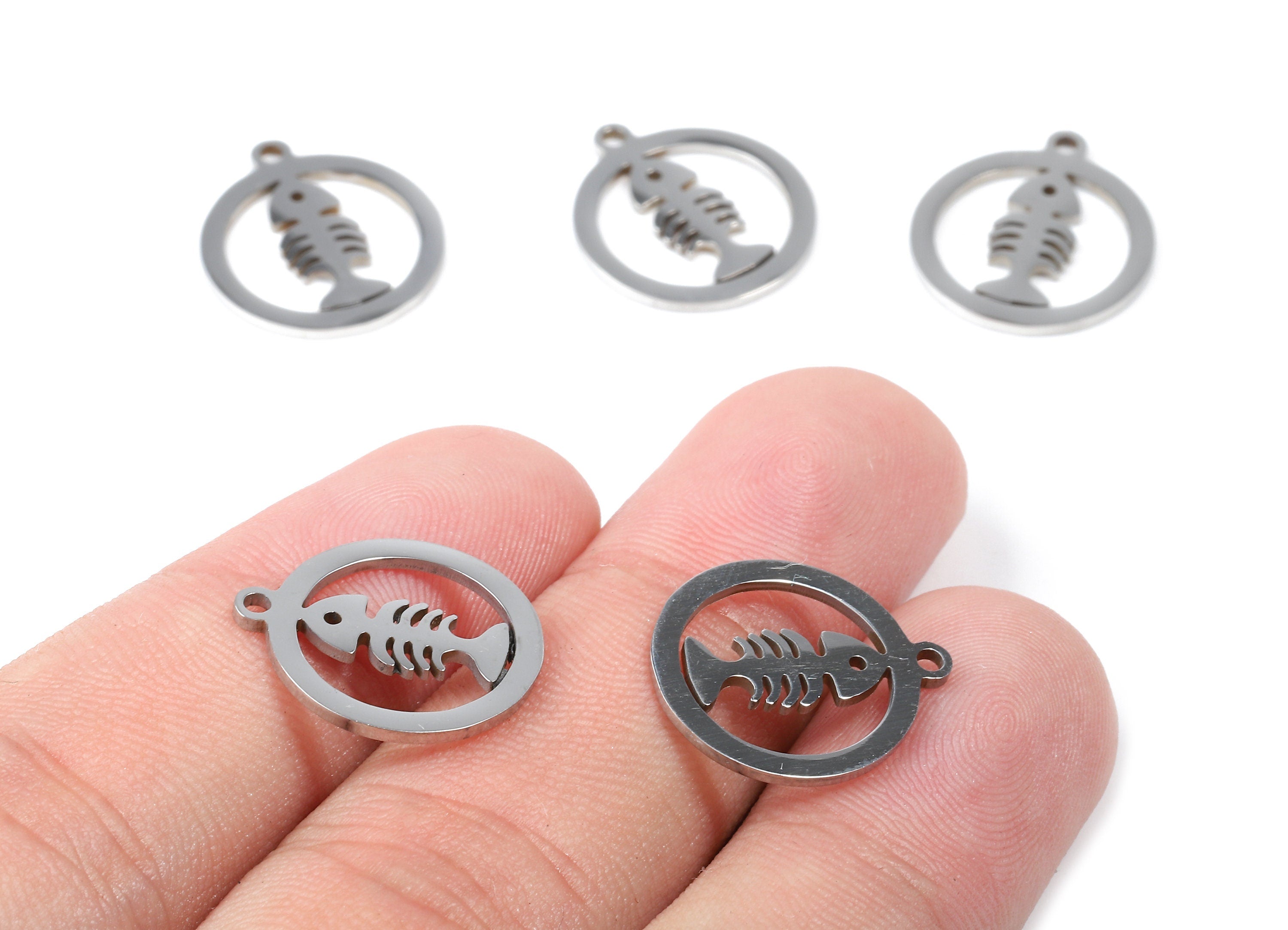 Stainless Steel Fish Charms - Fish in Circle - Circle Earrings and Pendant - Bracelet Pendant - 17.51x15.33x0.95mm - SS1023 - DOMEDBAZAAR