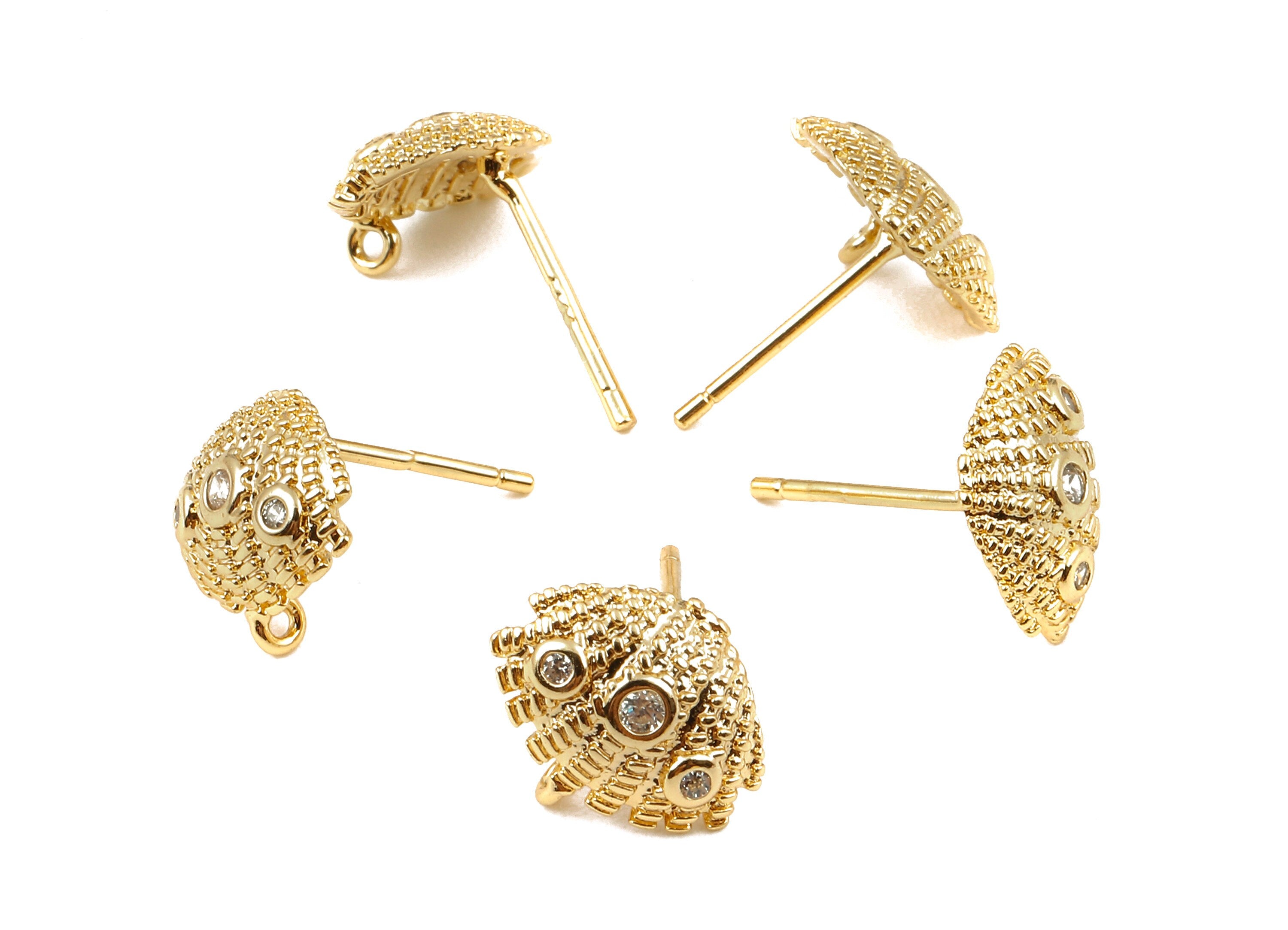 Brass Mussel Shell Stud - Zircon Earring Post - 18K Real Gold Plated Brass Stud - Jewelry Supplies - 11.42x8.93x1.67mm - RGP1111 - DOMEDBAZAAR