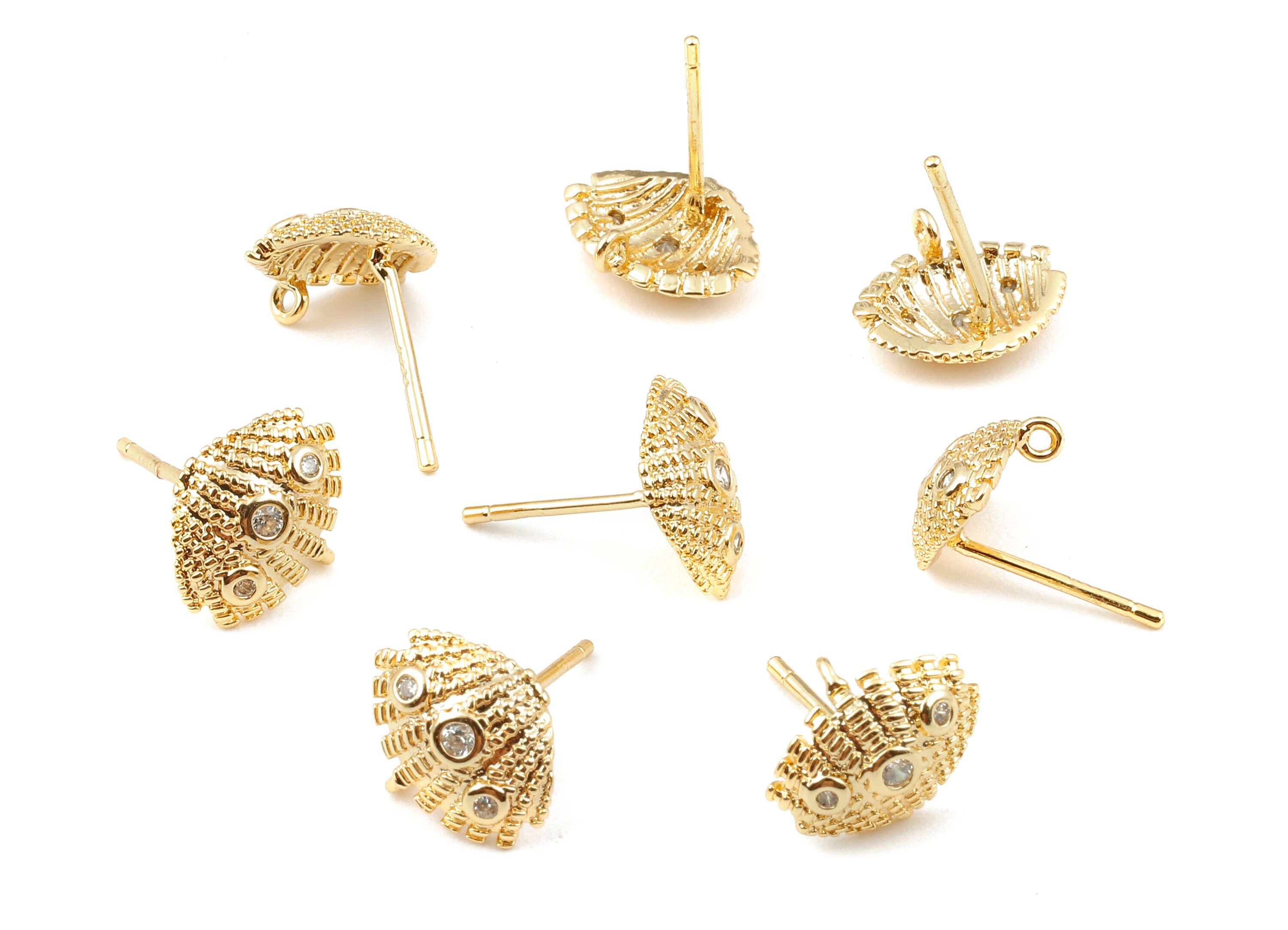 Brass Mussel Shell Stud - Zircon Earring Post - 18K Real Gold Plated Brass Stud - Jewelry Supplies - 11.42x8.93x1.67mm - RGP1111 - DOMEDBAZAAR