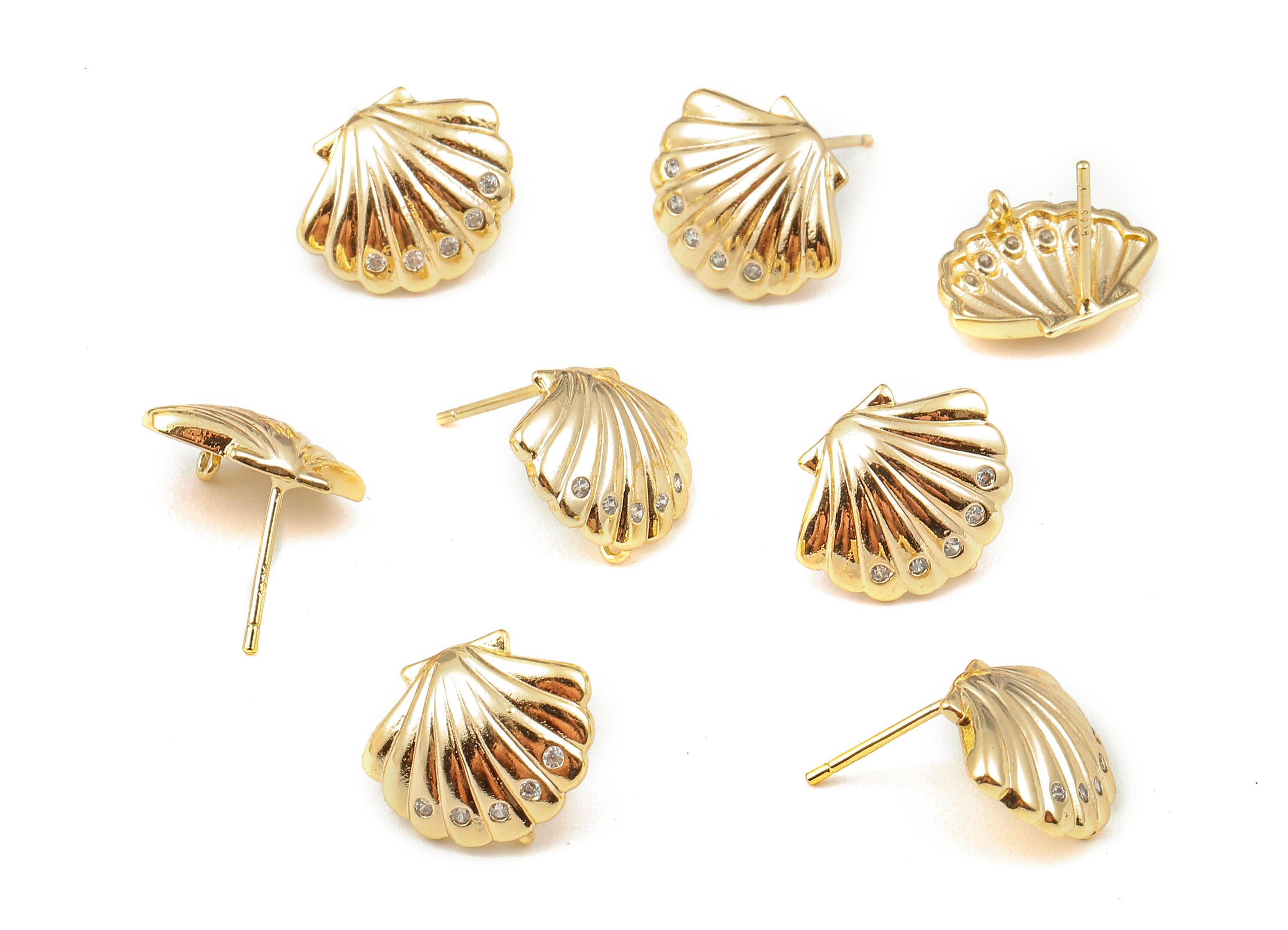 Brass Mussel Shell Stud - Zircon Shell Earring post - 18K Real Gold Plated Brass Stud - 14.56x12.24x1.46mm - RGP1112 - DOMEDBAZAAR