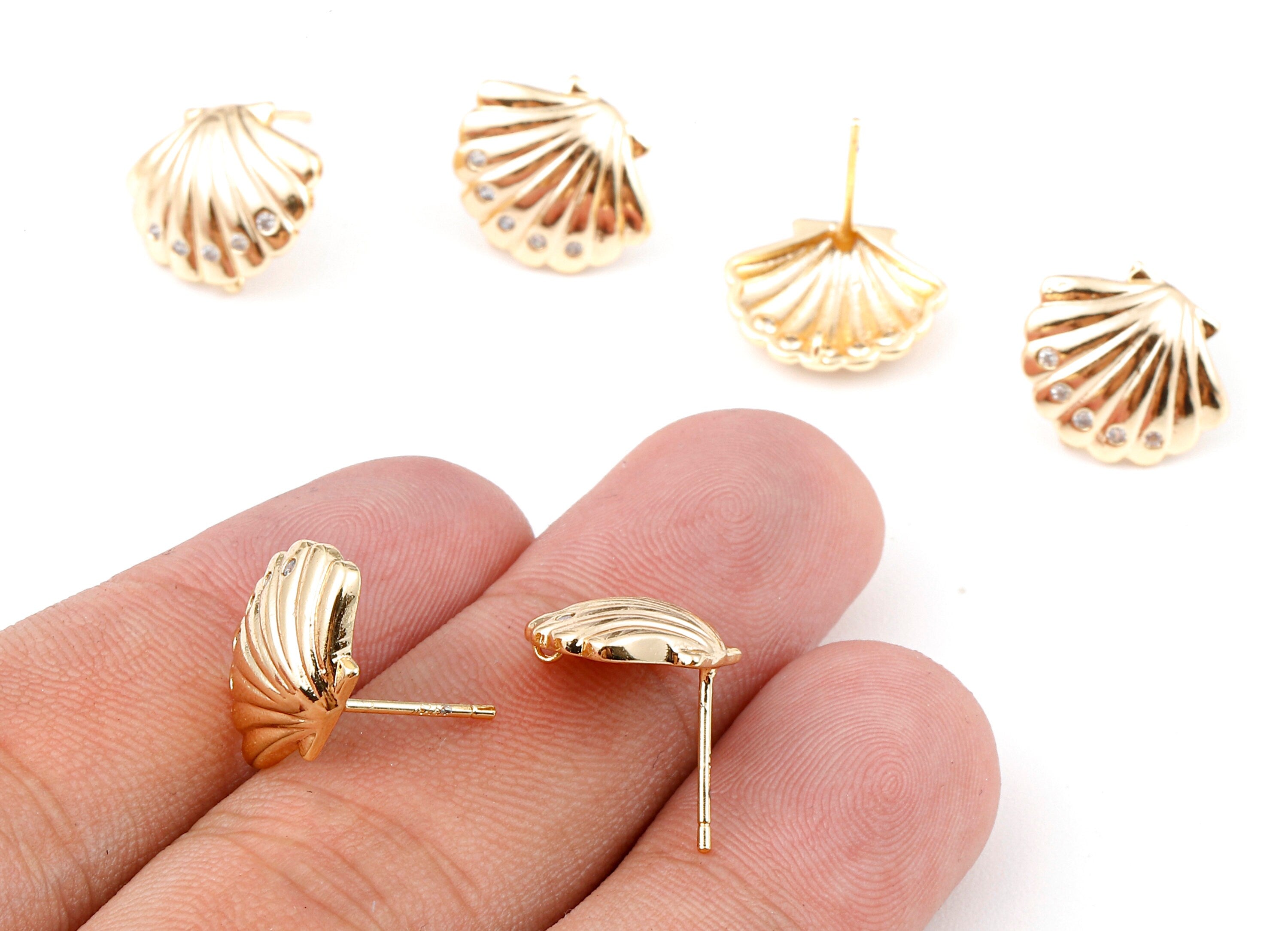 Brass Mussel Shell Stud - Zircon Shell Earring post - 18K Real Gold Plated Brass Stud - 14.56x12.24x1.46mm - RGP1112 - DOMEDBAZAAR