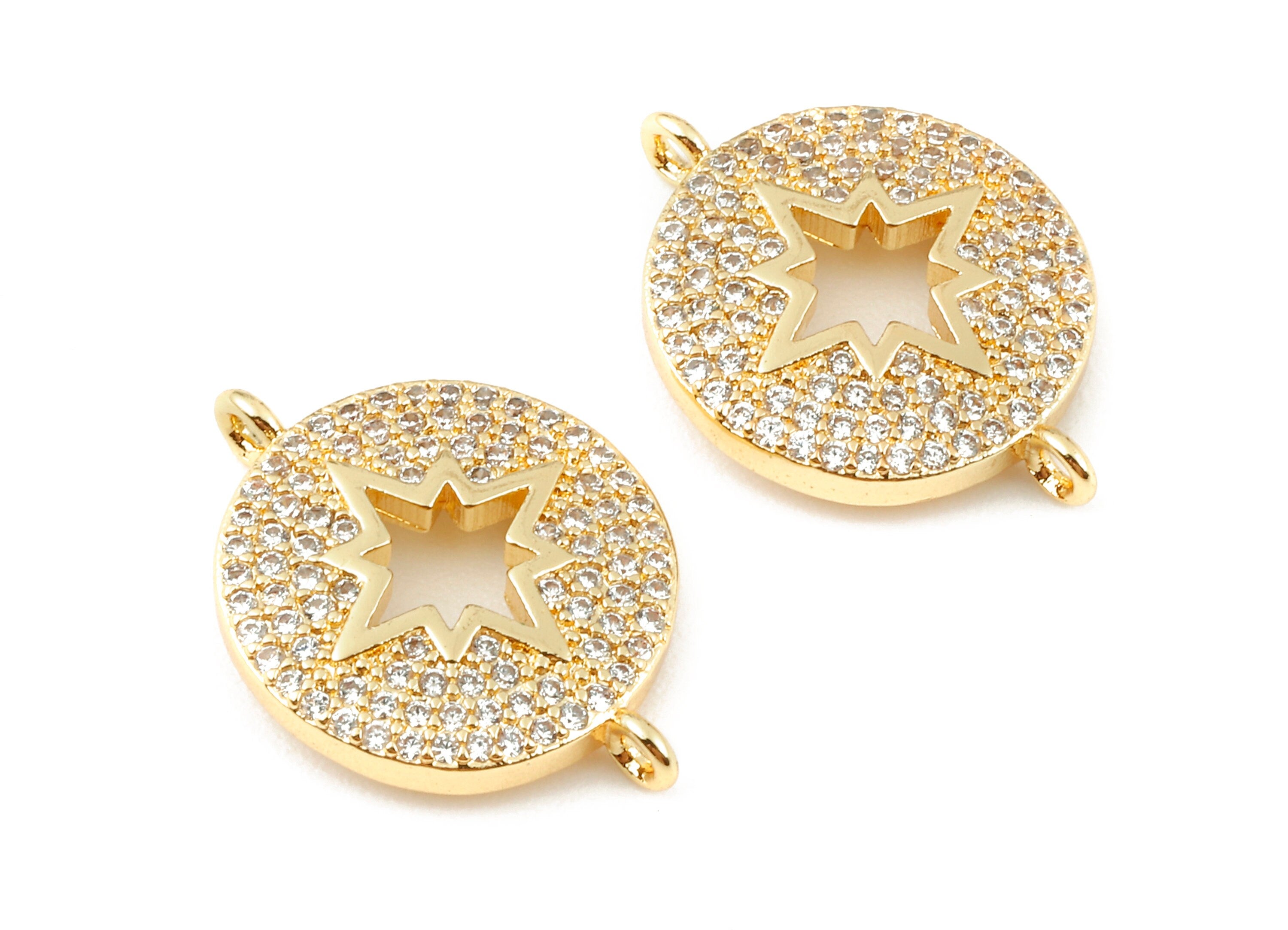 Brass Round Compass Bracelet Connectors - Zircon Round Connector - 18K Real Gold Plated Brass - 20.44x14.86x1.94mm - RGP1116 - DOMEDBAZAAR