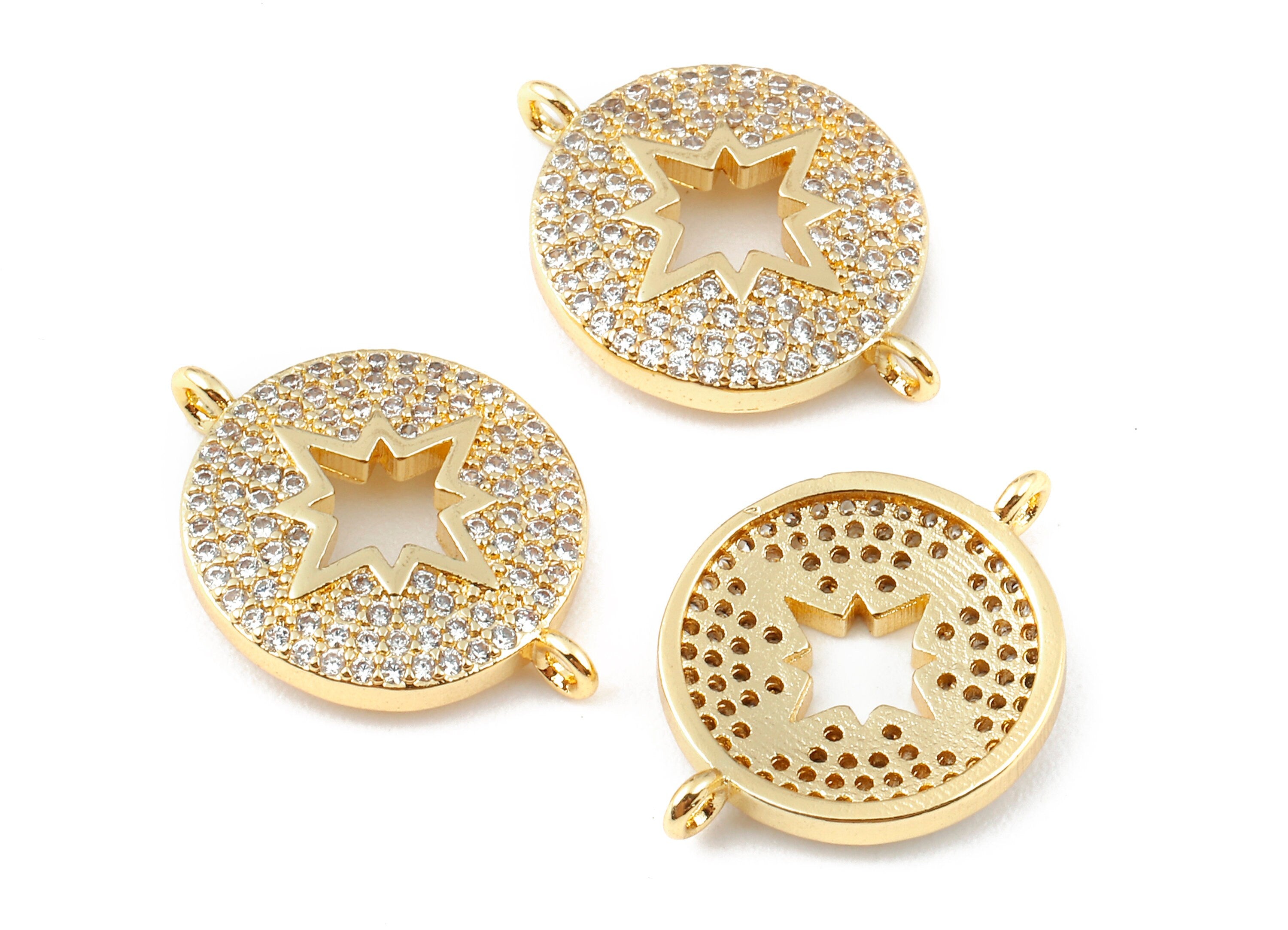Brass Round Compass Bracelet Connectors - Zircon Round Connector - 18K Real Gold Plated Brass - 20.44x14.86x1.94mm - RGP1116 - DOMEDBAZAAR