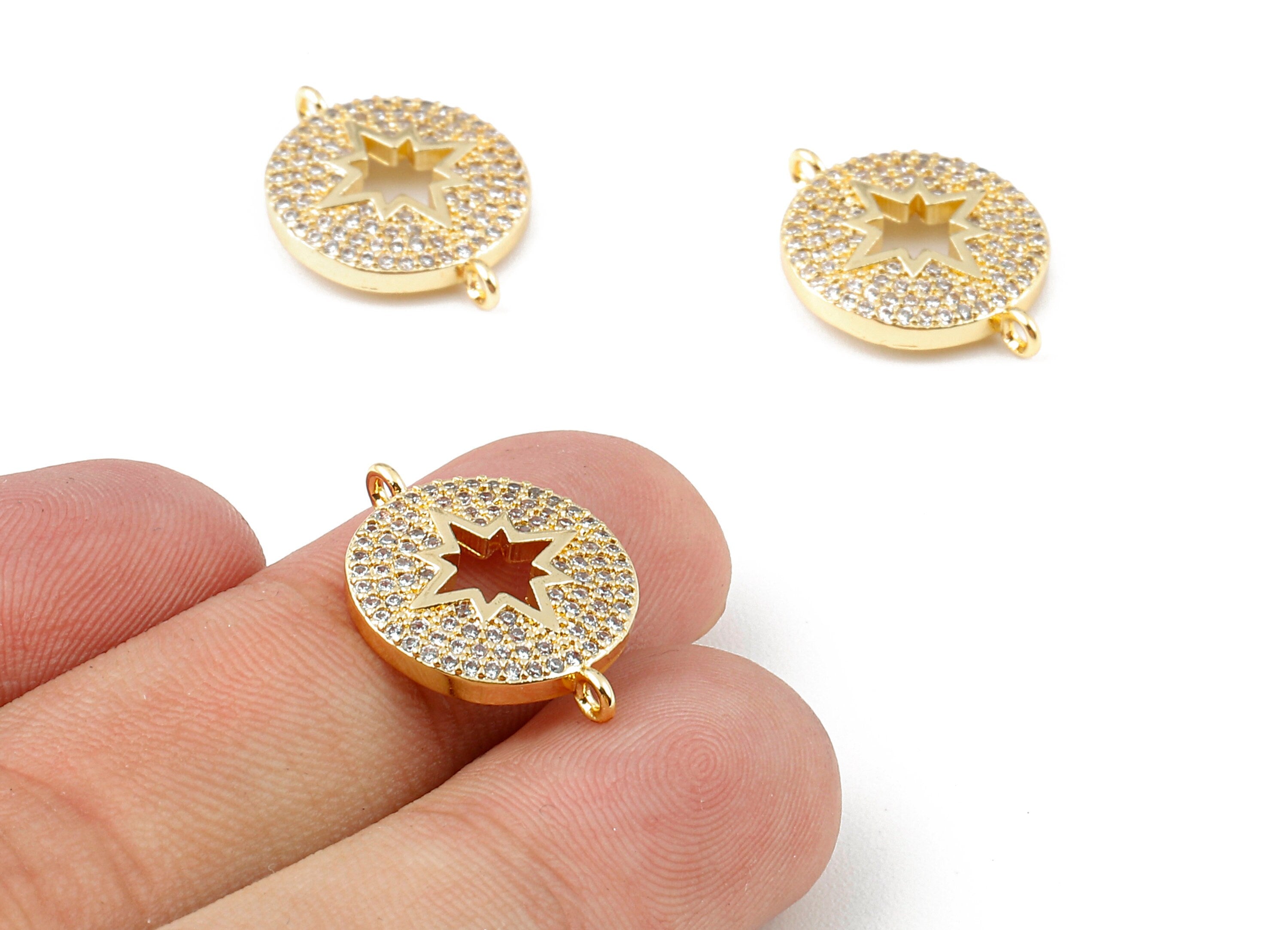 Brass Round Compass Bracelet Connectors - Zircon Round Connector - 18K Real Gold Plated Brass - 20.44x14.86x1.94mm - RGP1116 - DOMEDBAZAAR