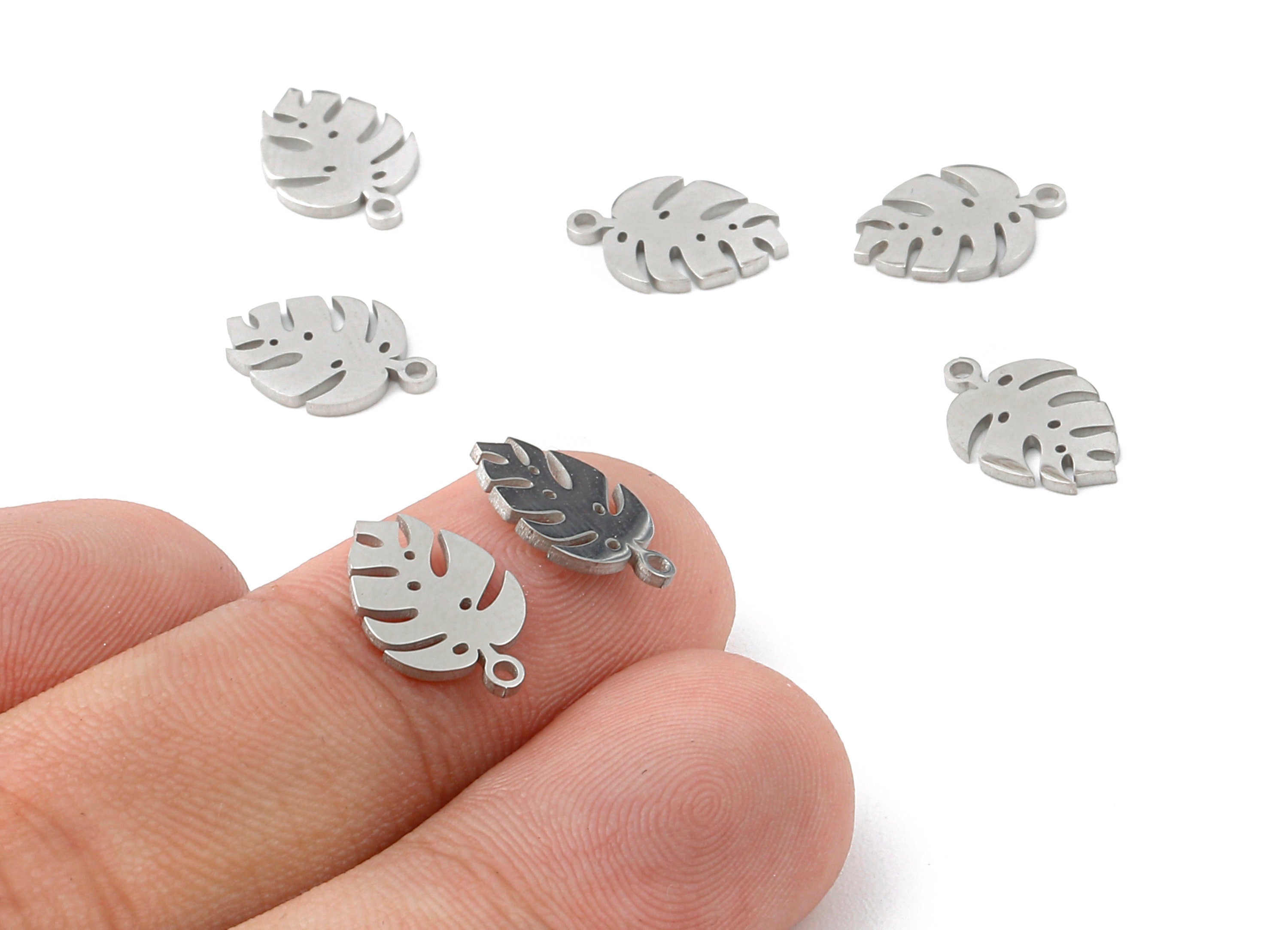 Stainless Steel Monstera Leaf Charms - Leaf Pendant - 18K Real White Gold Plated Brass - Necklace Pendant - 12.81x8.95x0.95mm - RGP1121 - DOMEDBAZAAR