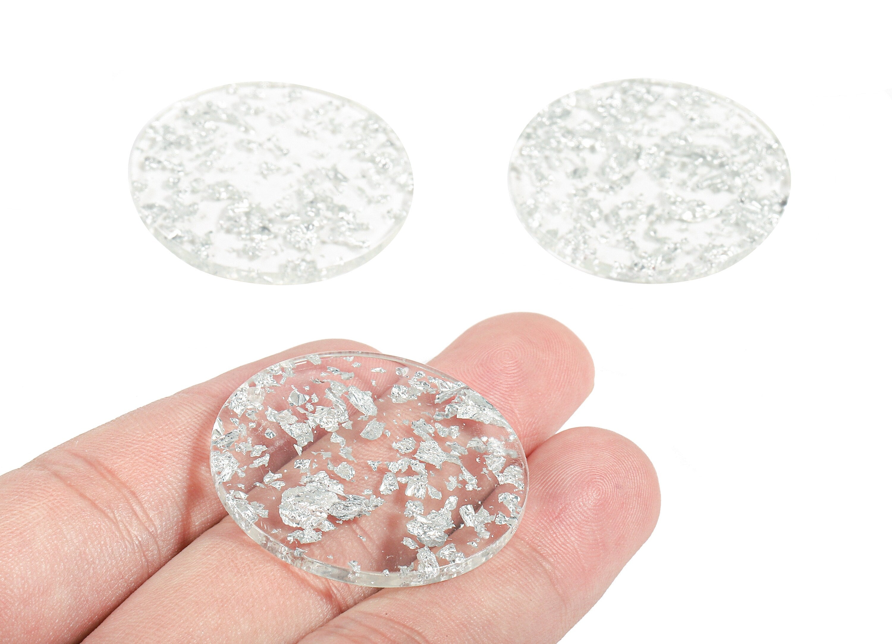 Acetate Round Charms - Coin Earrings and Pendant - Silver Foil & Confetti - Color Code: A254 - 34.8x34.8x2.54mm - AC1135-A254 - DOMEDBAZAAR