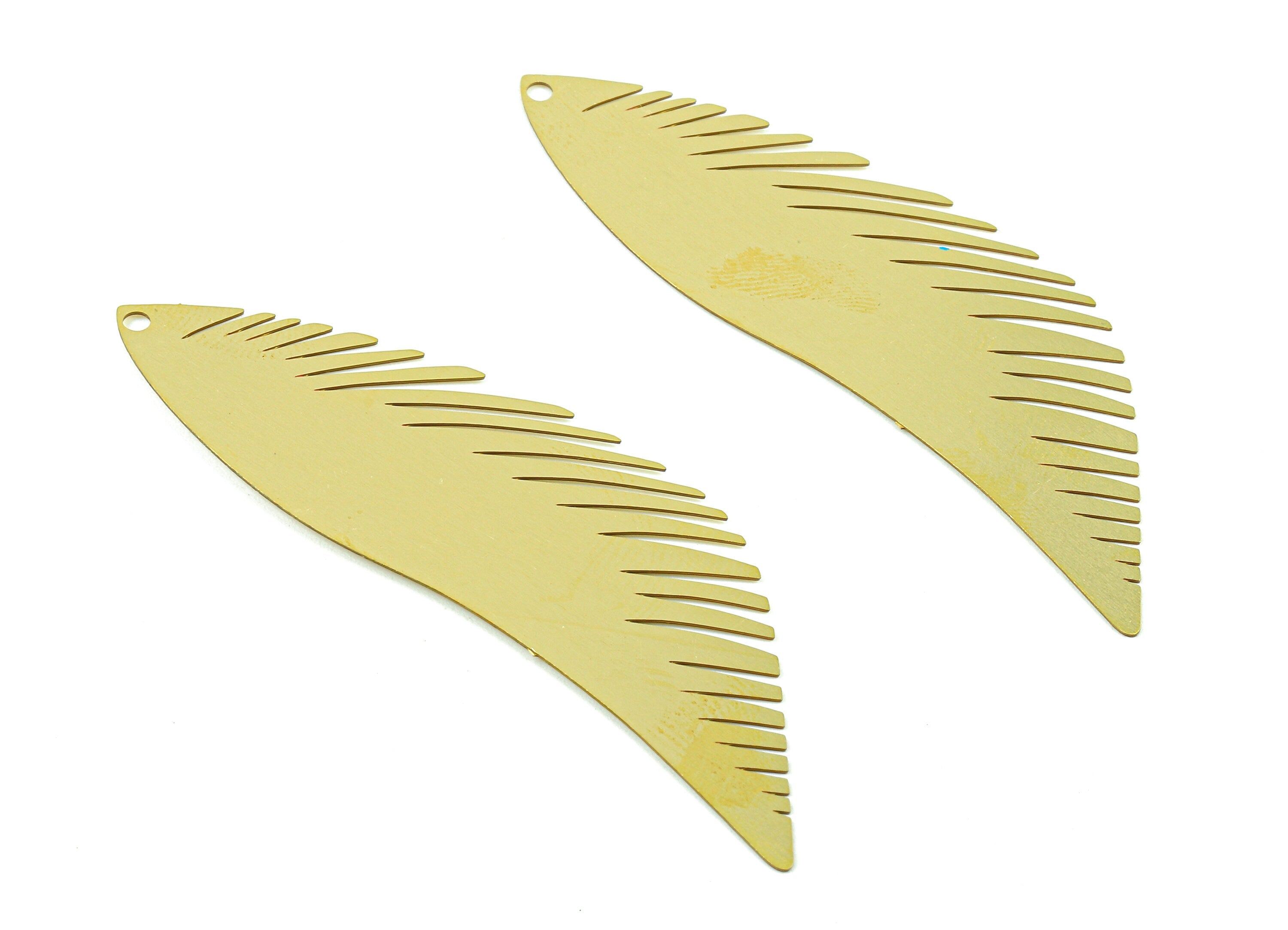 Brass Feather Charms - Raw Brass Feather Earrings and Pendant - Brass Necklace Charms - Jewelry Supplies - 62.23x18.4x0.3mm - JJB5733 - DOMEDBAZAAR