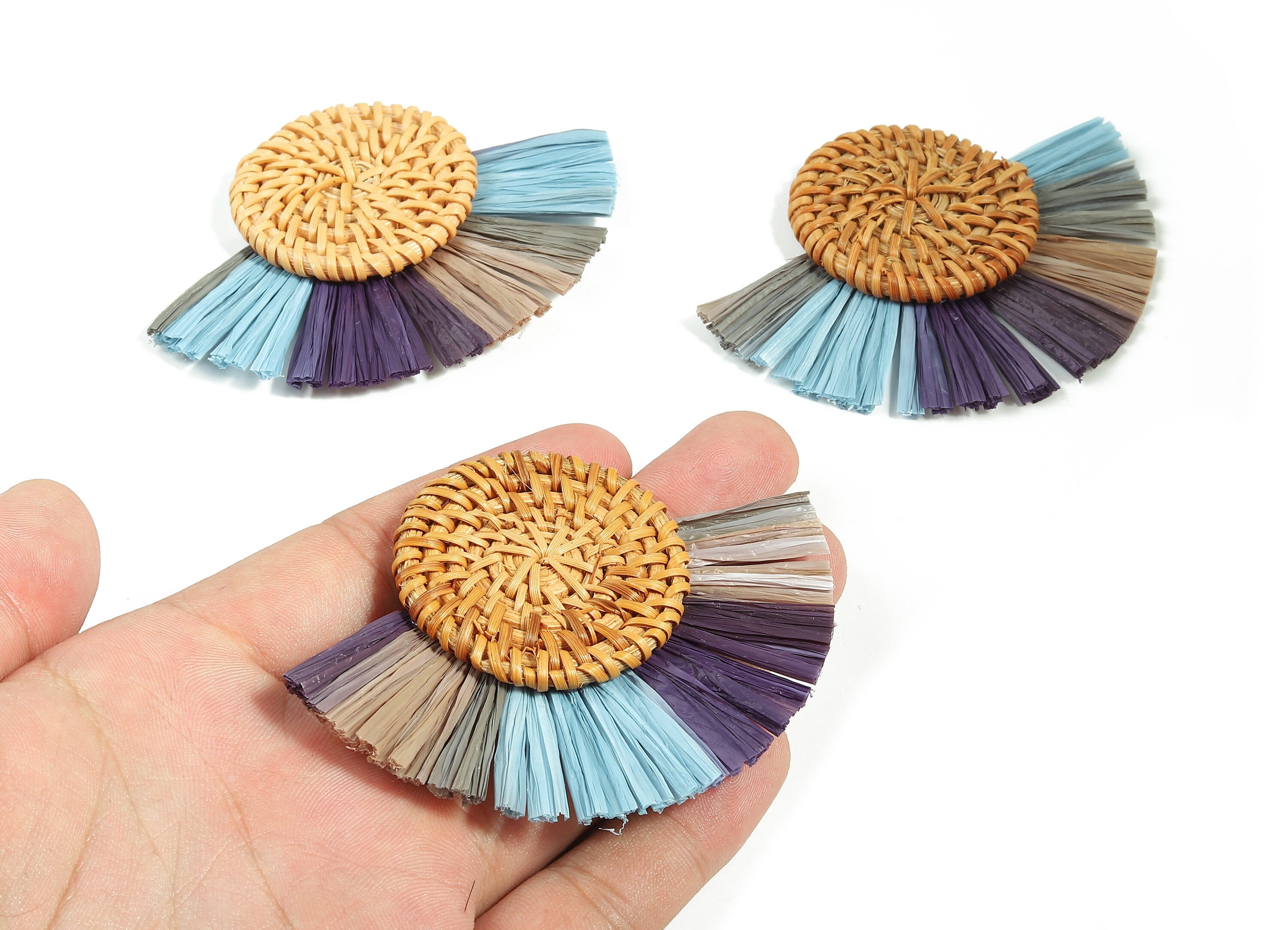 Rattan Raffia Tassel Round Charms - Circle Earrings with Fan Tassels - Handmade Rattan - Woven Earrings - 82.9x60.58x6.72mm - RT1338 - DOMEDBAZAAR