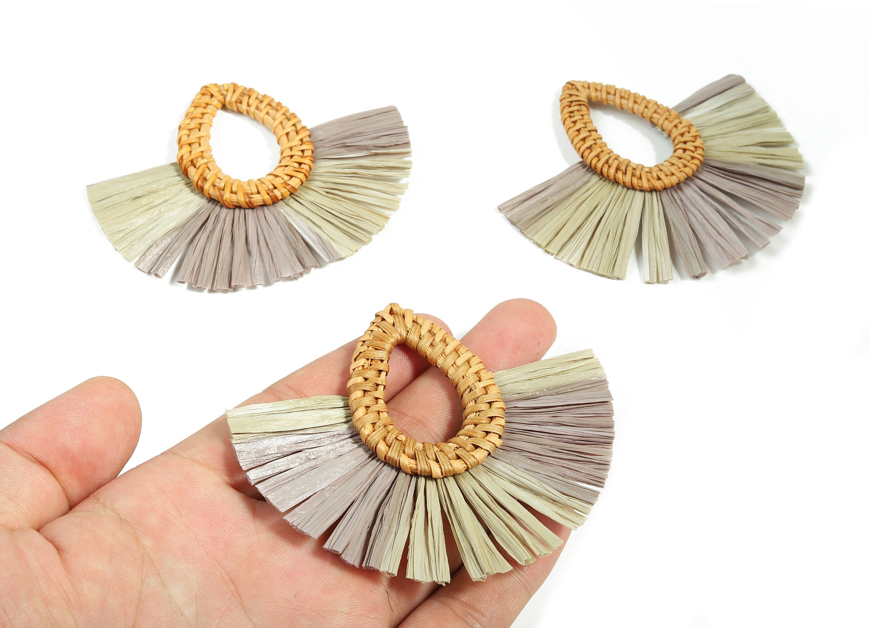Rattan Raffia Tassel Drop Charms - Drop Earrings with Fan Tassels - Handmade Rattan - Woven Earrings - 84.22x72.84x5.23mm - RT1336 - DOMEDBAZAAR